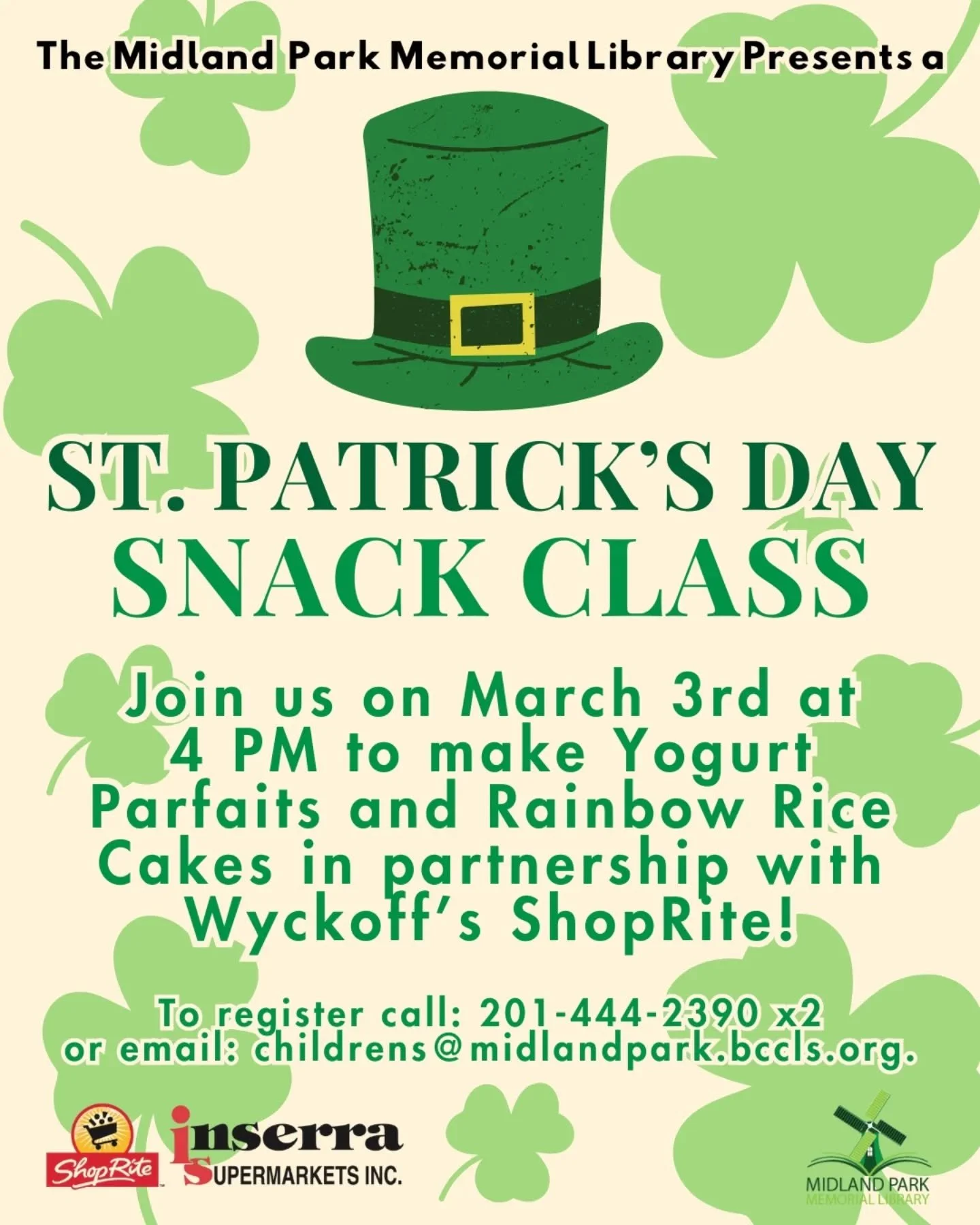 In collaboration with Wyckoff's Shoprite, we will be hosting a St. Patrick's Day themed snack class in the community room TOMORROW !! Please be sure to call, email, or dm us to register~⁠
⁠
#stpatricksday #snack #snackclass #tomorrow #collaboration