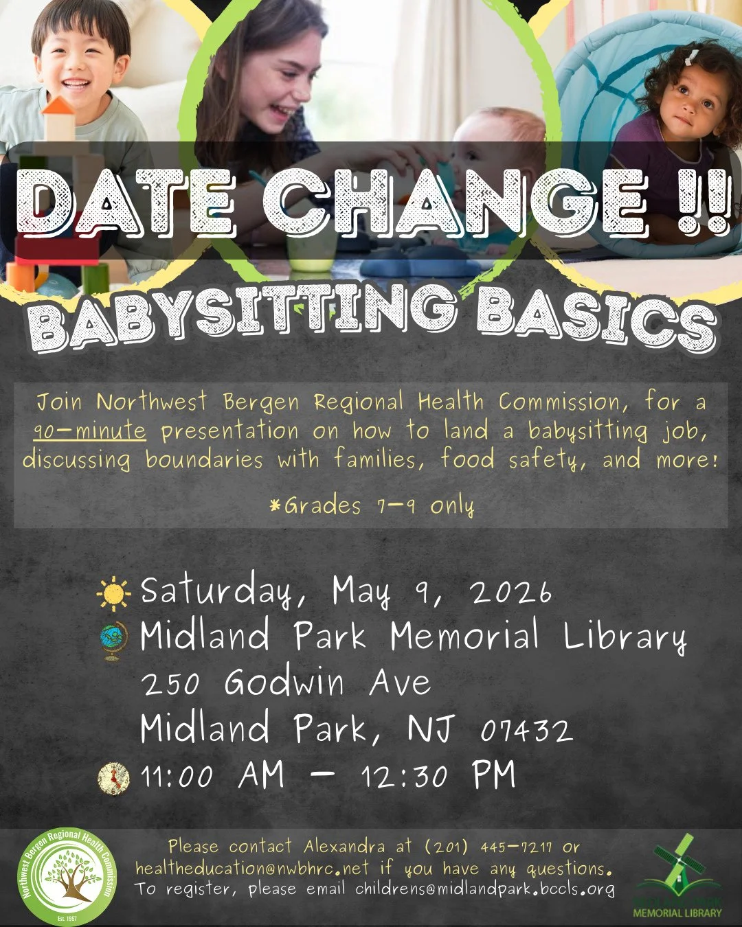 There was a date change to our Babysitting Basics class!! The event will now be held on May 9th. We are so sorry for the inconvenience⁠
⁠
#babysitting #workshop #datechange #class #handson
