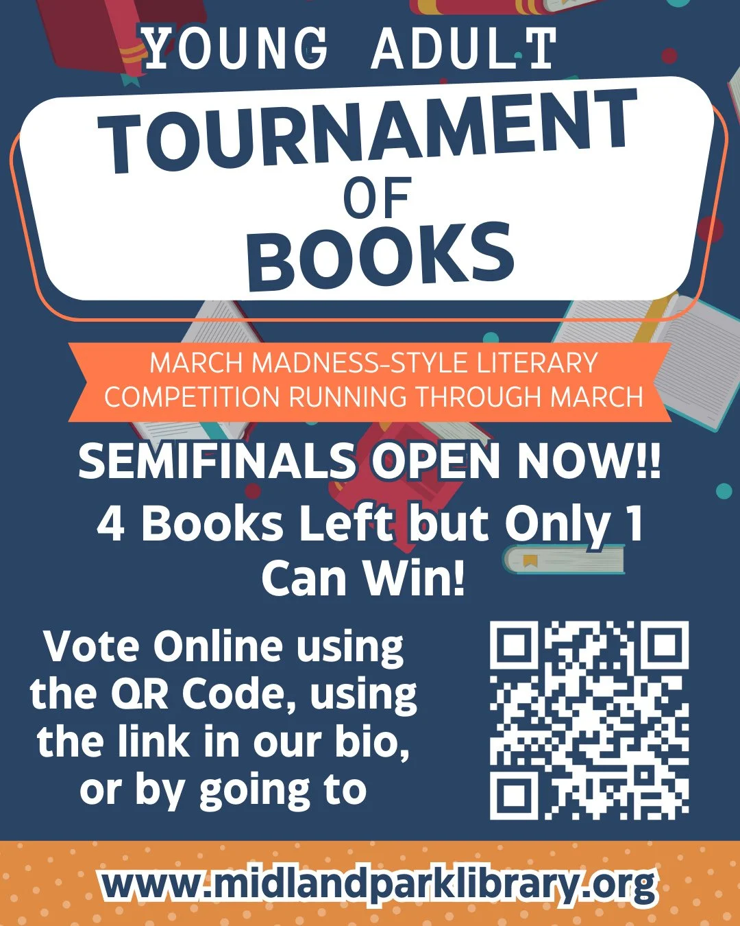 Week 3!! It's here, which means it's semifinals time! 4 books left, but only one can win >:) ⁠As always, anyone can vote, so please scan the QR code, visit our website, or check out the link in our bio to vote!!⁠
⁠
https://forms.gle/TCeF5sgngcwXWo