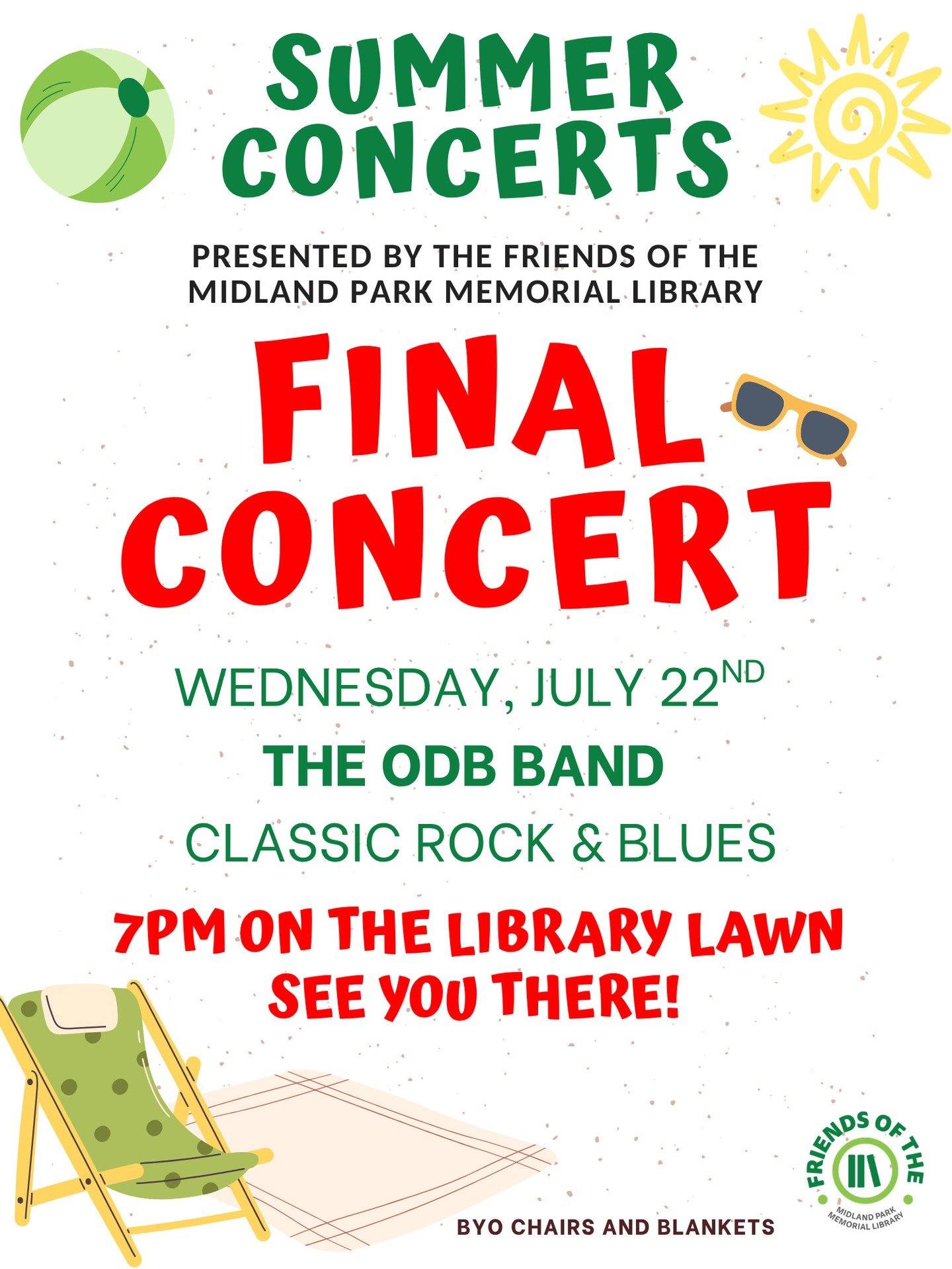 Tonight is the last of our summer concerts!! ⁠
⁠
7 PM on the library lawn - join us for a night of classic rock &amp; blues with ODB!⁠
⁠
Thank you to the Friends of Midland Park Library for making it all happen! ⭐️