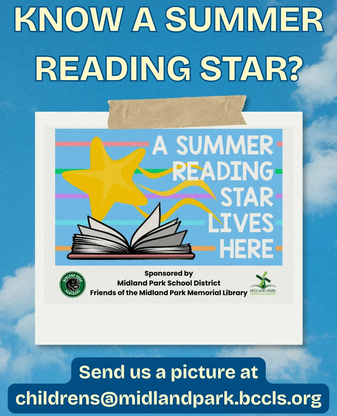 Do you know a summer reading star??⁠
⁠
Send us a picture at childrens@midlandpark.bccls.org and let us know if we have permission to share it in the future 🌟