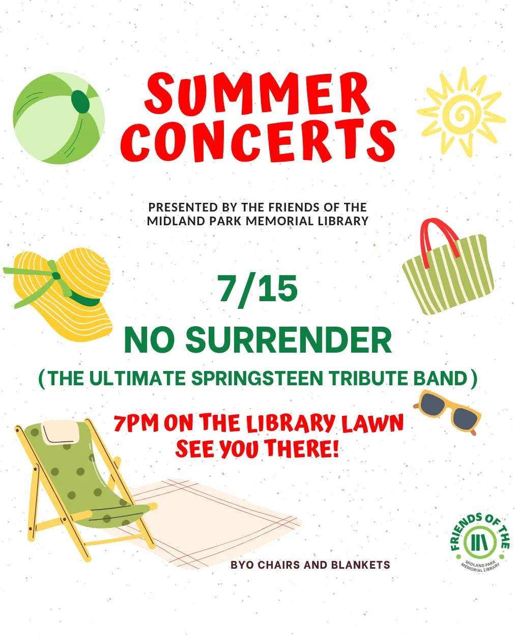 Tonight is our second concert in our Summer Concert series!⁠
⁠
Join us at 7 PM on the library lawn for No Surrender - the ultimate Springsteen cover band 🎶⁠
⁠
A big thank you to the Friends of Midland Park Memorial Library for making it all happen!