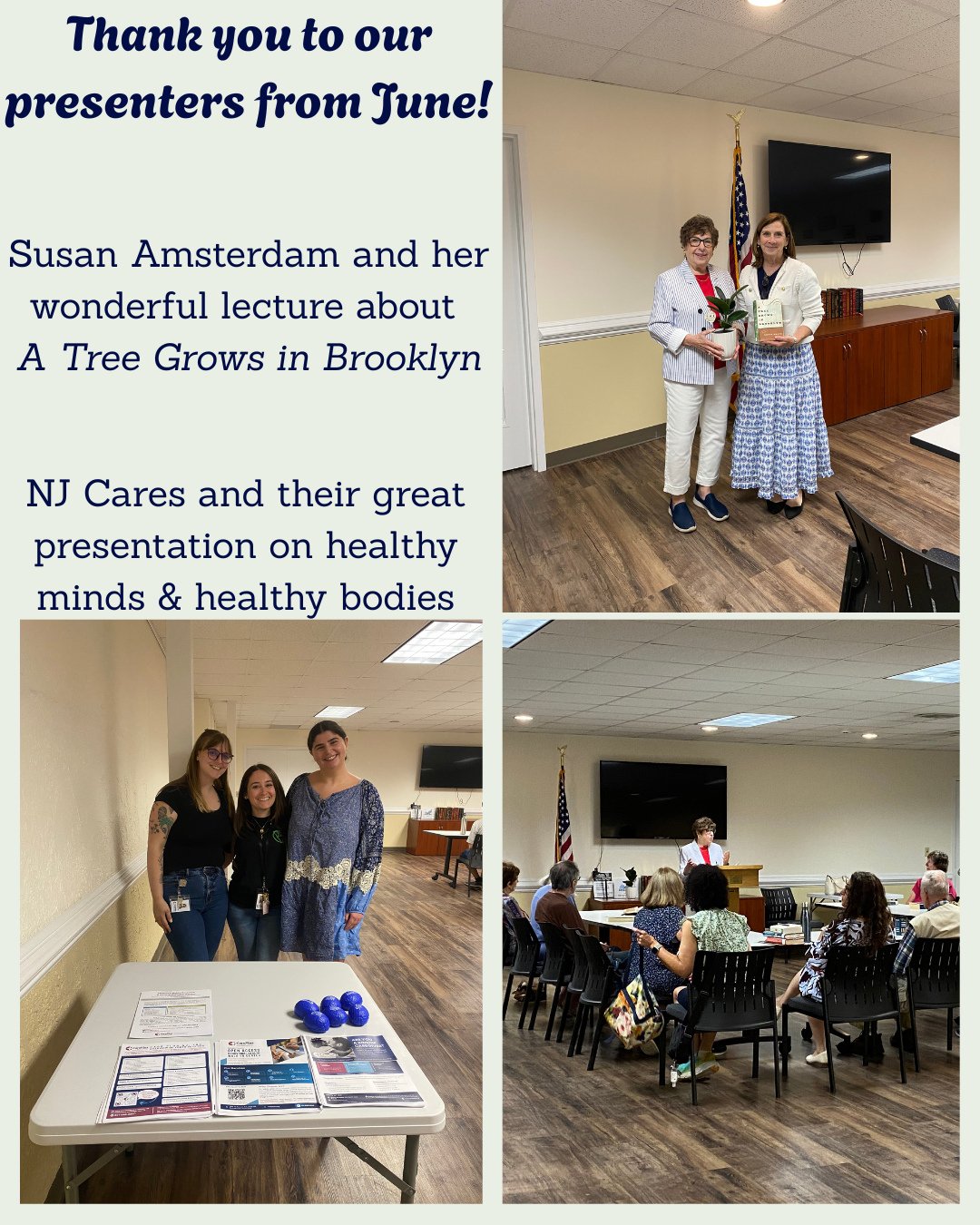A big thank you to our presenters from June! ⁠
⁠
On June 17th, Susan Amsterdam gave a wonderful lecture about the novel A Tree Grows in Brooklyn. Thank you Susan for your expertise and sharing your knowledge 📗⁠
⁠
On June 25th, NJ Cares gave a presen