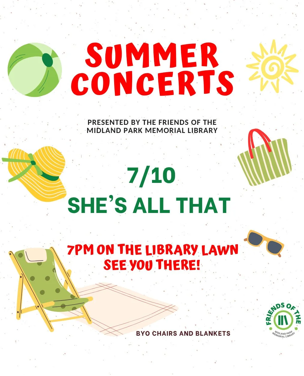 Join us for our first summer concert presented by the Friends of Midland Park Memorial Library this Friday on July 10th!!⁠
⁠
She's All That will be performing pop &amp; rock covers from the '90s to today🎶⁠
⁠
7 PM on the library lawn - BYO chairs &am