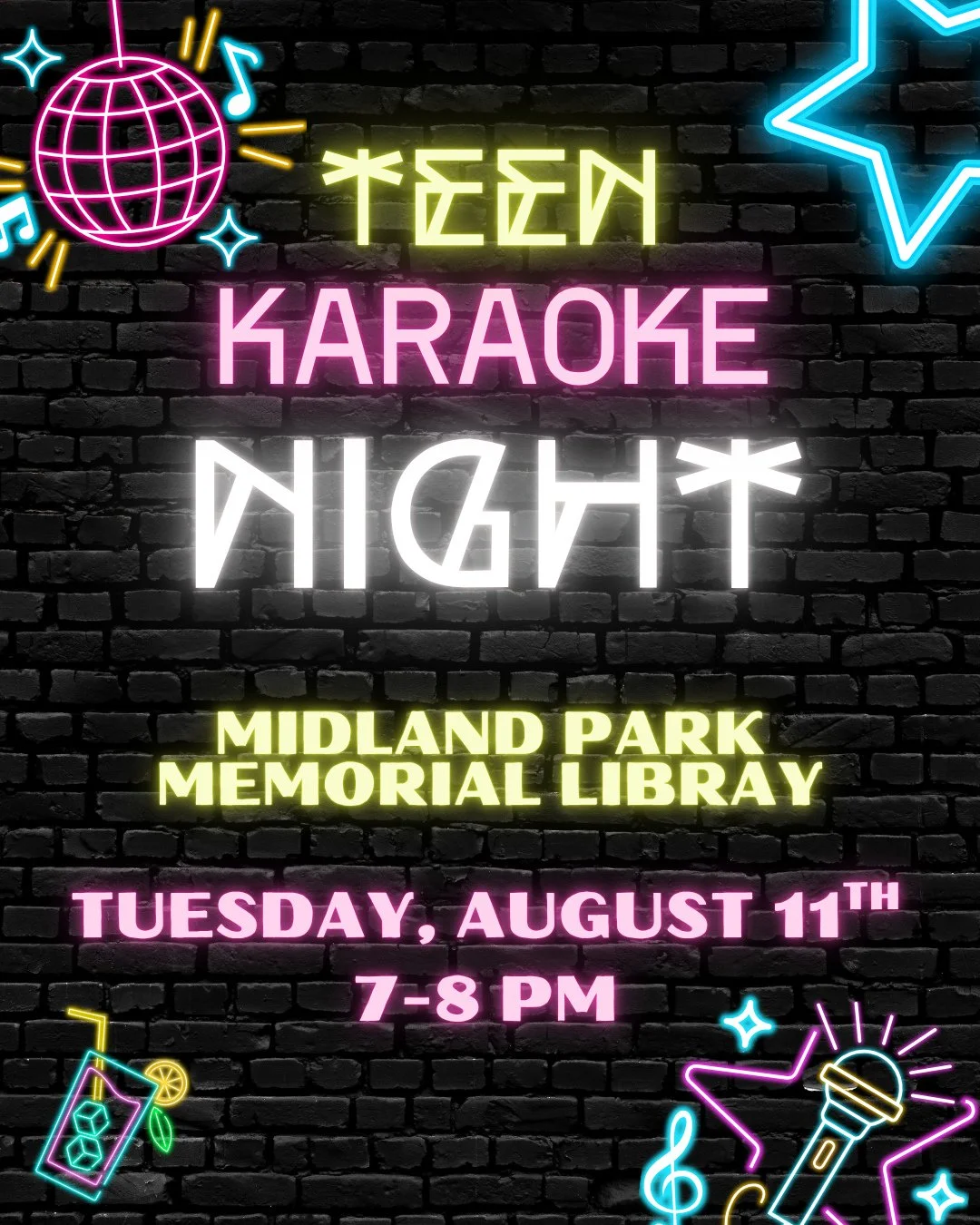 Midland Park Memorial Library is hosting a Teen Karaoke Night on Tuesday, August 11th!!⁠
⁠
7 PM in the Community Room - register by emailing nikki.waples-stupienski@midlandpark.bccls.org or filling out the form in the link in our bio!⁠
⁠
We hope to s