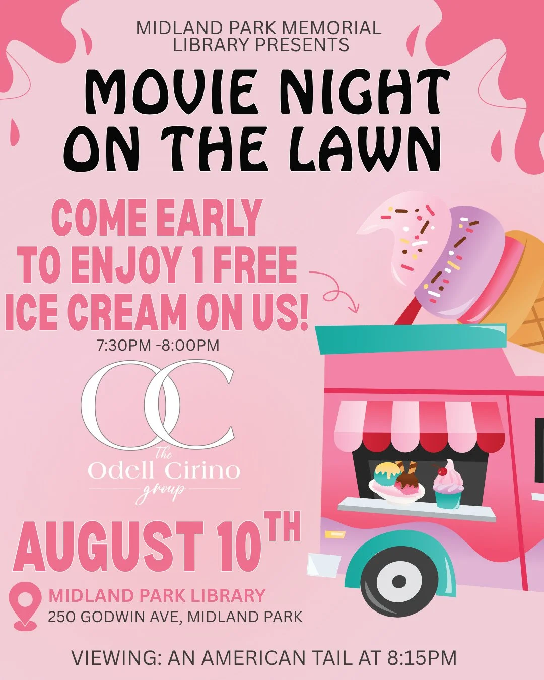 Next Monday is our last Movie on the Lawn for this summer!⁠
⁠
Come early and enjoy one free ice cream courtesy of the The Odell Cirino Group 🍦⁠
⁠
Ice cream is available from 7:30-8:00 and An American Tail starts at 8:15!