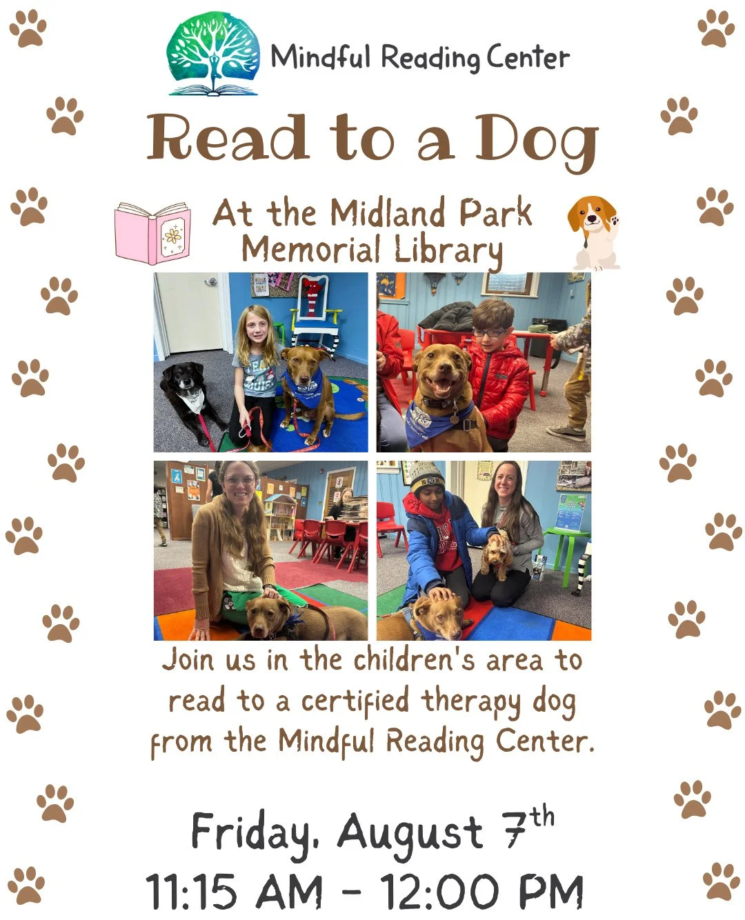 Read to a Dog at the Midland Park Memorial Library 🐕️⁠
⁠
Join us this Friday from 11:15 AM - 12:00 PM with Mindful Reading Center to read to a certified therapy dog!