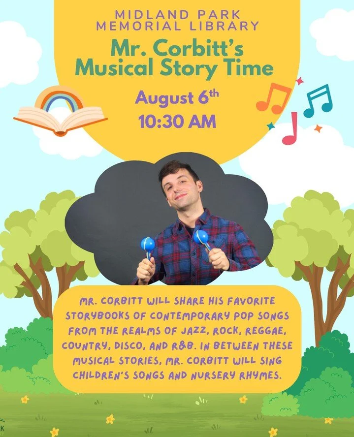 Mr. Corbitt's Musical Storytime is tomorrow: Thursday, August 6th at 10:30 AM! ⁠
⁠
Join us while Mr. Corbitt shares his favorite storybooks of contemporary pop songs from the realms of jazz, rock, reggae, country, disco, and R&amp;B 🎶