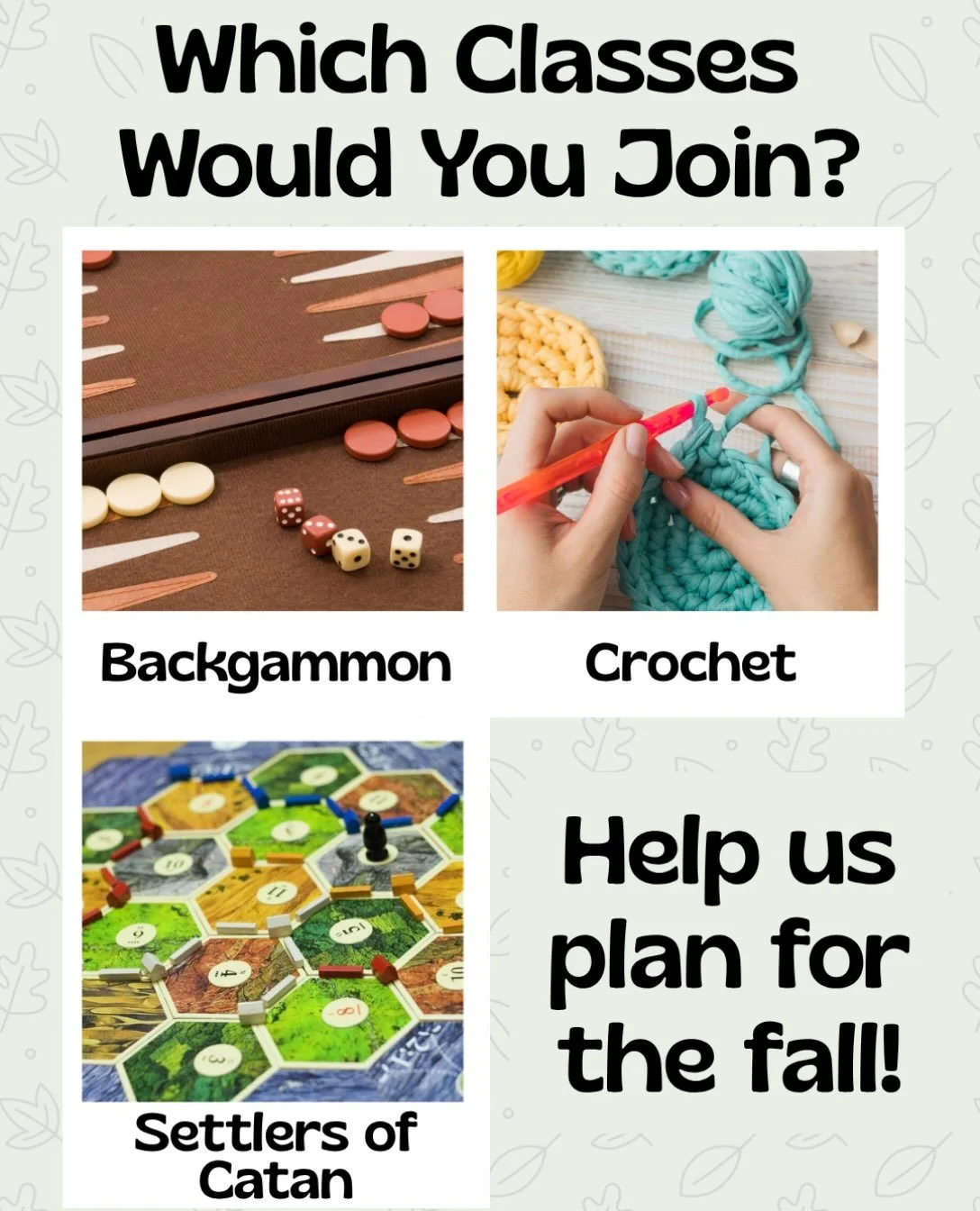 The Midland Park Memorial Library is planning for the fall and we need your help! 

Let us know which class or classes you would be interested in and we&rsquo;ll see if we can make it happen! Use the poll here in the caption to vote and if like more 