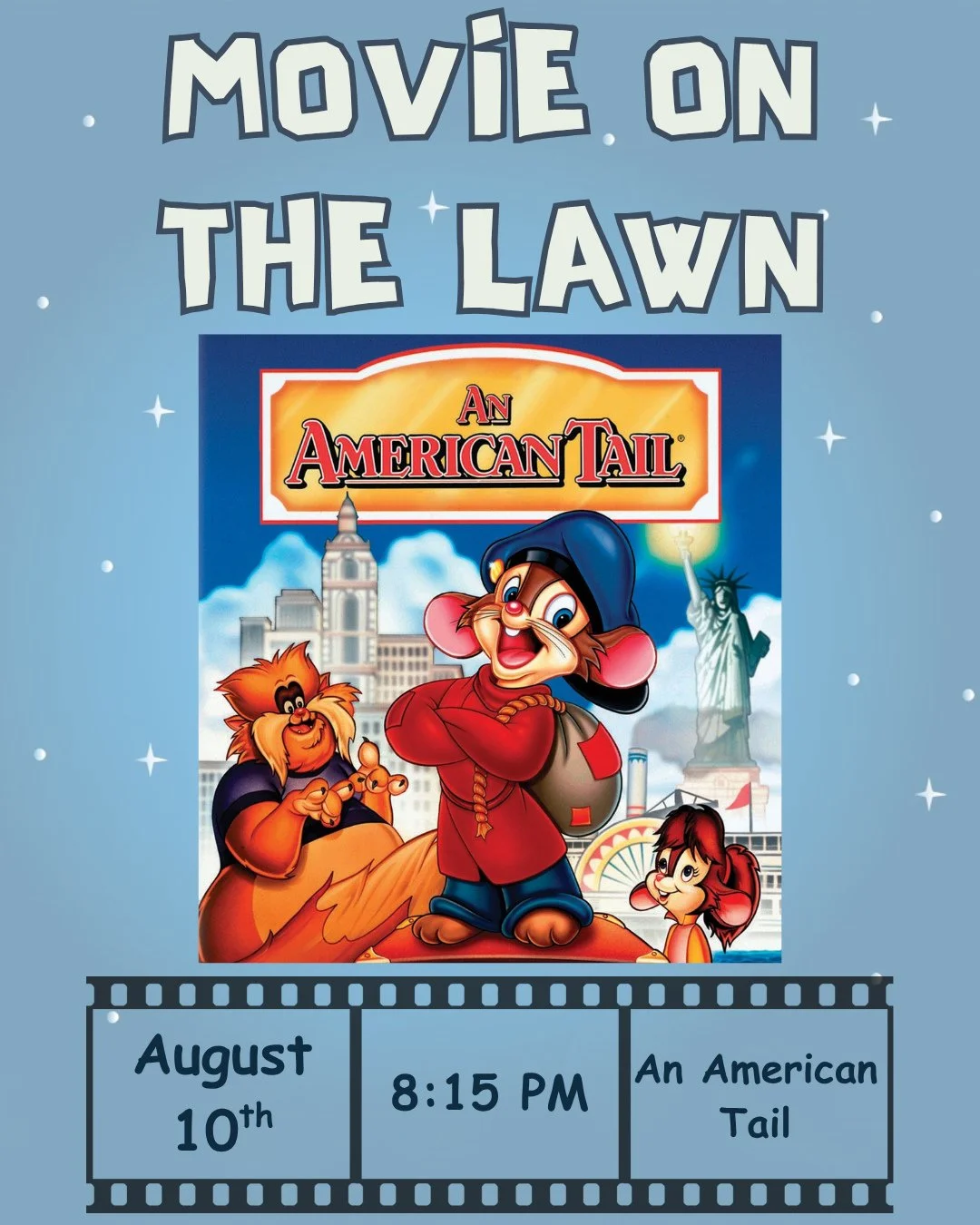 Tonight is the final Movie on the Lawn for this summer 🎥⁠
⁠
Come and join us for a screening of An American Tail at 8:15 PM!⁠
⁠
Come early from 7:30 PM - 8:00 PM and enjoy one free ice cream courtesy of The Odell Cirino Group 🍦