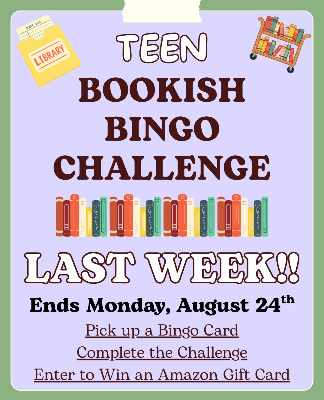 Memorial Library!!⁠
⁠
Pick up a bingo card at the library - chances are you've already been doing the challenges 📖⁠
⁠
Fill it out and bring it back to the library to enter for a chance to win an Amazon Gift Card ✨️