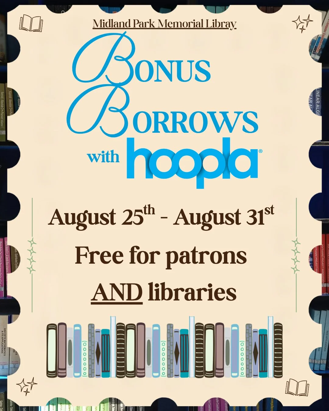 Hoopla is giving out bonus borrows next week starting on the 25th!⁠
⁠
Circulation is FREE to libraries and the patron will be debited ZERO borrows from their monthly Hoopla limit.⁠
⁠
Choose from select titles in their catalog of music albums, audiobo