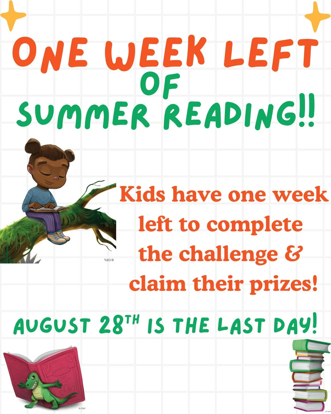There is one week left of summer reading at Midland Park Memorial Library!!⁠
⁠
August 28th is the last day for kids to come into the library and claim their prizes 🎁