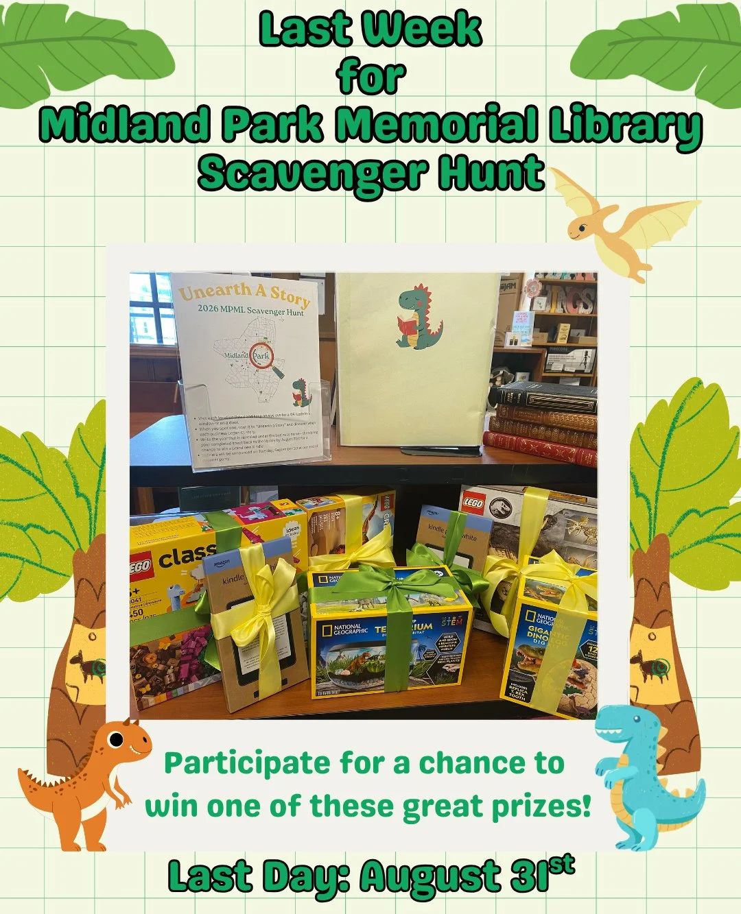 This is the last week for the scavenger hunt at Midland Park Memorial Library!⁠
⁠
Bring your completed sheet back to the library by Monday, August 31st for a chance to win a brand new Kindle (and more!) ✨️⁠
⁠
Winners will be announced on September 1s