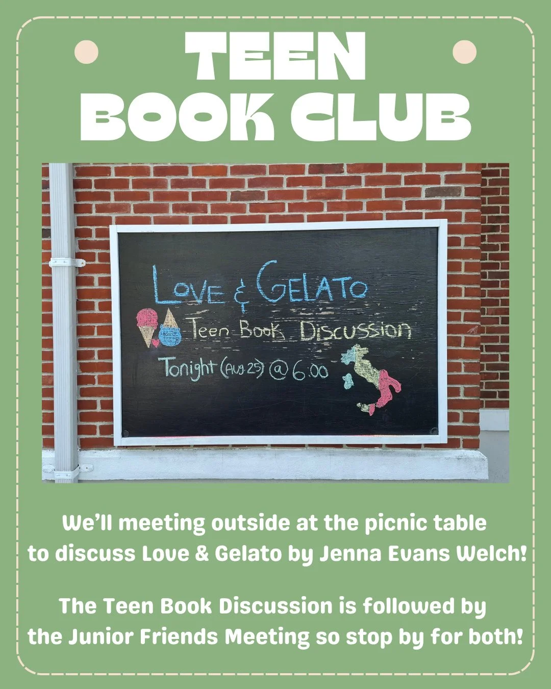 Tonight at 6:00 PM is our Teen Book Discussion at Midland Park Memorial Library!!⁠
⁠
Join us outside at the picnic table as we discuss Love and Gelato by Jenna Evans Welch 🍦⁠
⁠
It is followed by the Junior Friends Meeting at 6:30 - ages 12-17 are en