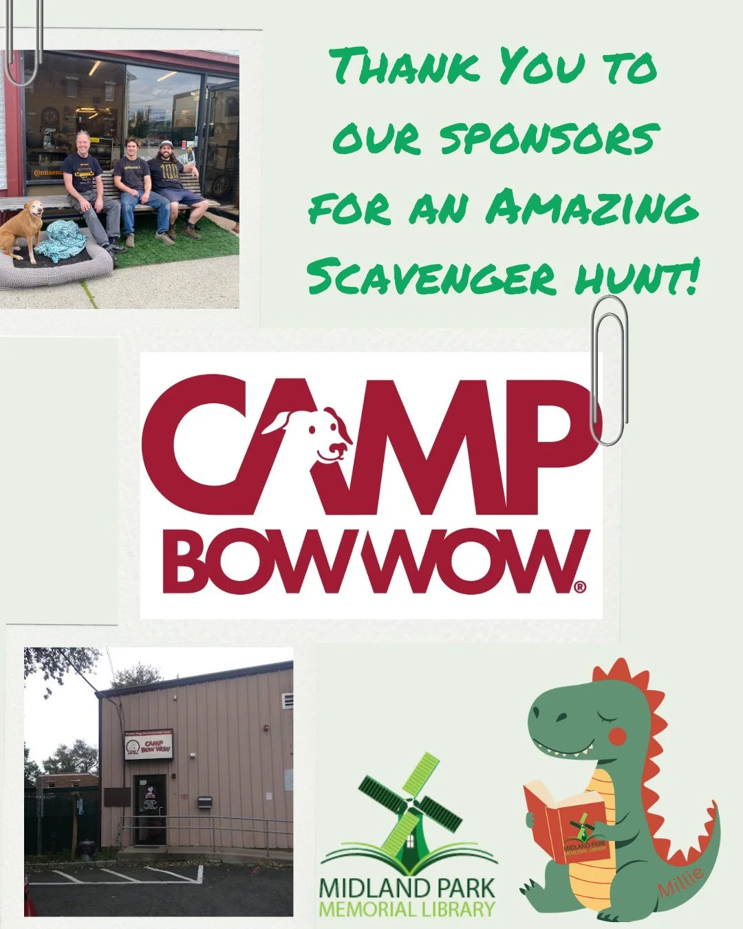 As we're wrapping up our scavenger hunt at Midland Park Memorial Library, we want to thank our sponsors for all their support!⁠
⁠
Thank you to Camp Bow Wow for your generosity and support!