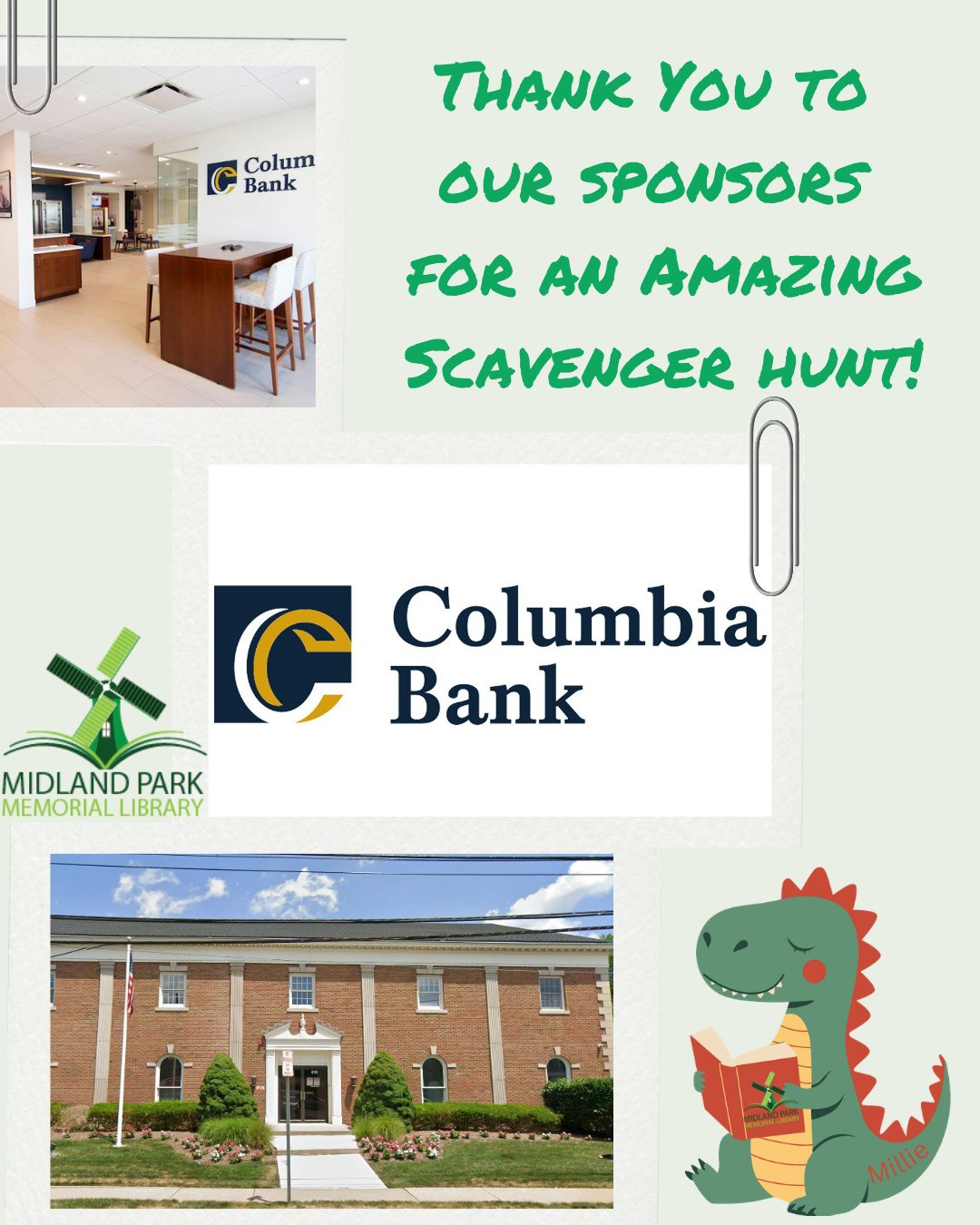 We want to thank our sponsors for all their support as we're wrapping up our scavenger hunt at Midland Park Memorial Library!⁠
⁠
Thank you to Columbia Bank for your generosity and support!