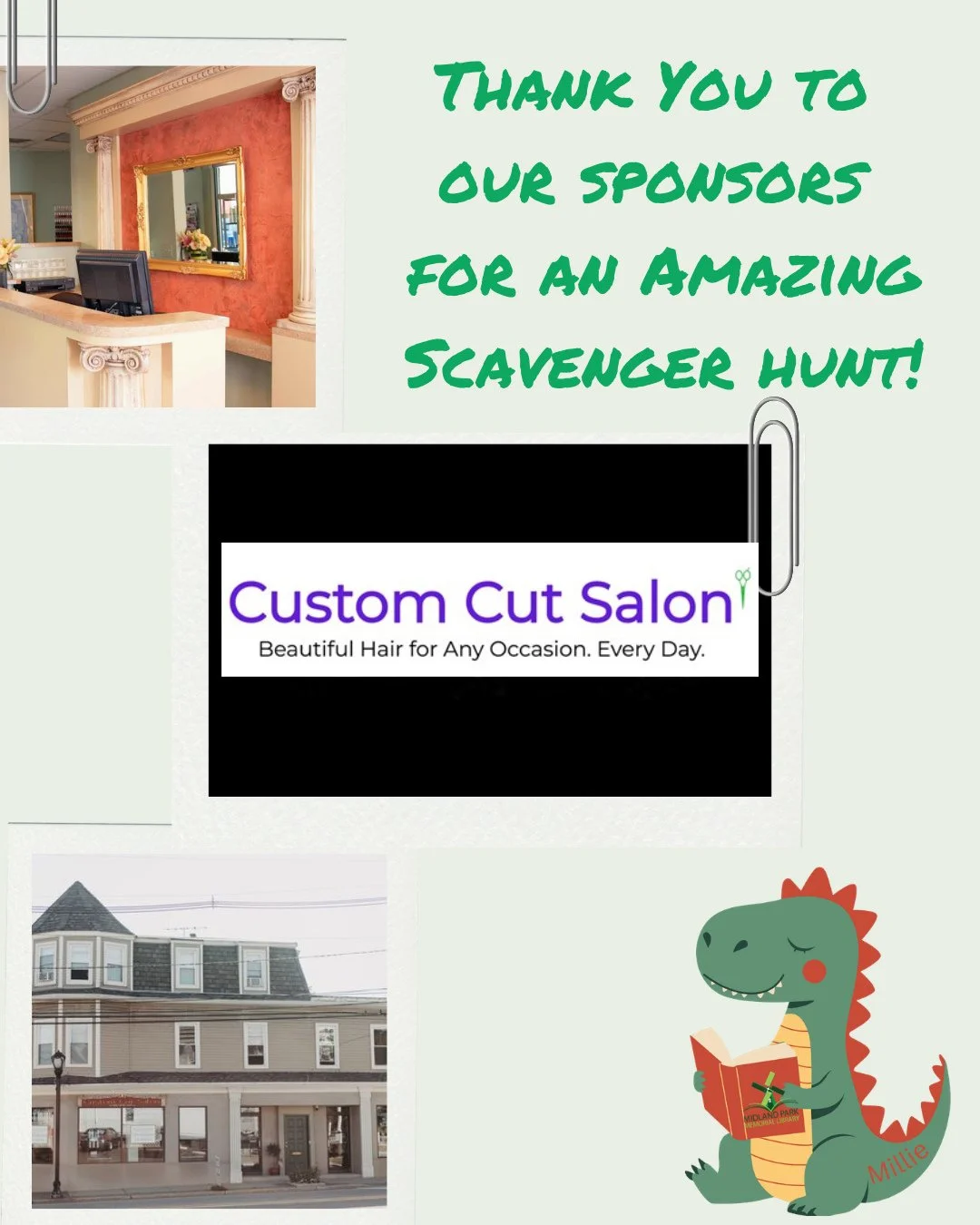 We want to thank our sponsors for all their support as we're wrapping up our scavenger hunt at Midland Park Memorial Library!⁠
⁠
Thank you to Custom Cut Salon for your generosity and support!