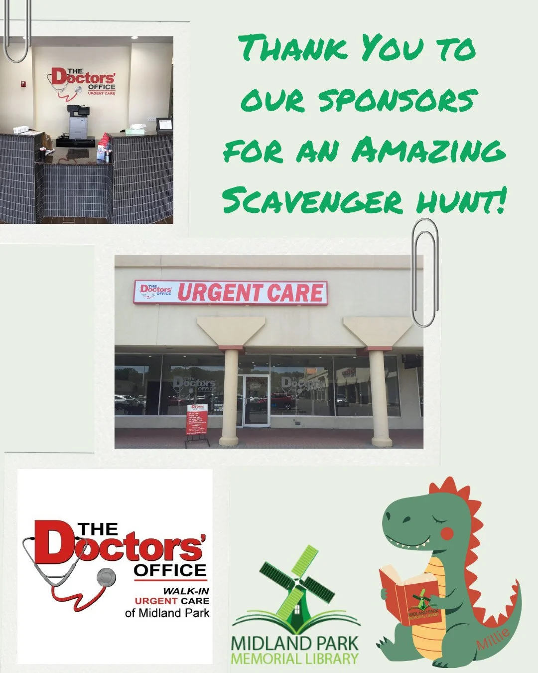 We want to thank our sponsors for all their support as we're wrapping up our scavenger hunt and Midland Park Memorial Library!⁠
⁠
Thank you to The Doctor's Office Urgent Care for your generosity and support!