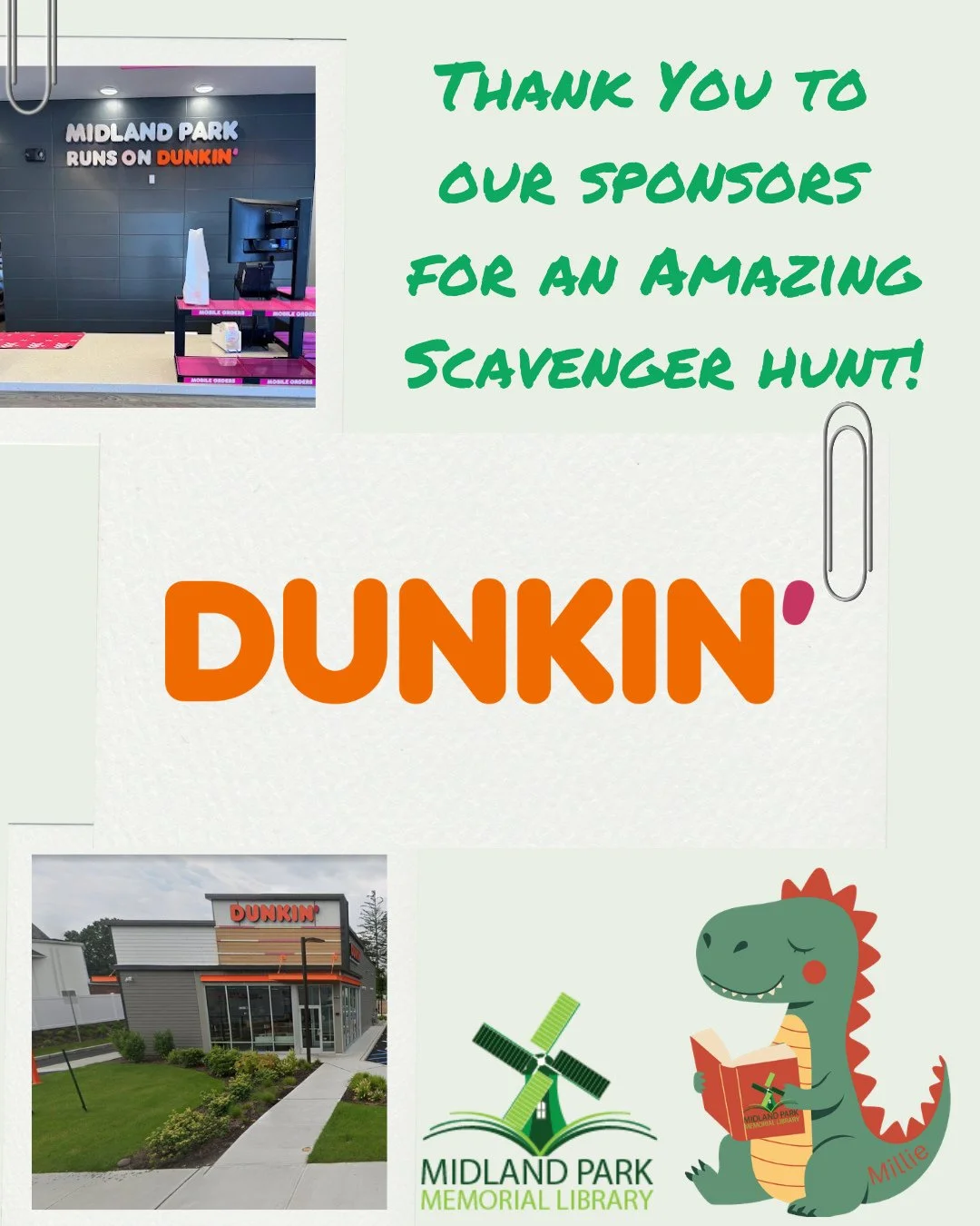 We want to thank our sponsors for all their support as we're wrapping up our scavenger hunt and Midland Park Memorial Library!⁠
⁠
Thank you to Dunkin' for your generosity and support!