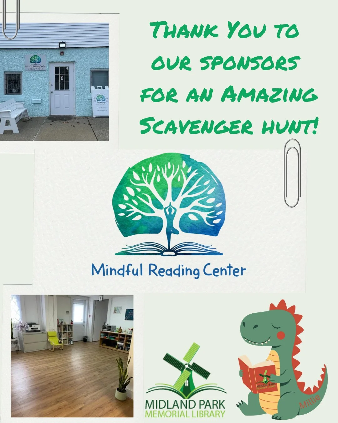 The Scavenger Hunt at Midland Park Memorial Library is wrapping up and we want to thank our sponsors!⁠
⁠
Thank you Mindful Reading Center for your generosity and support!