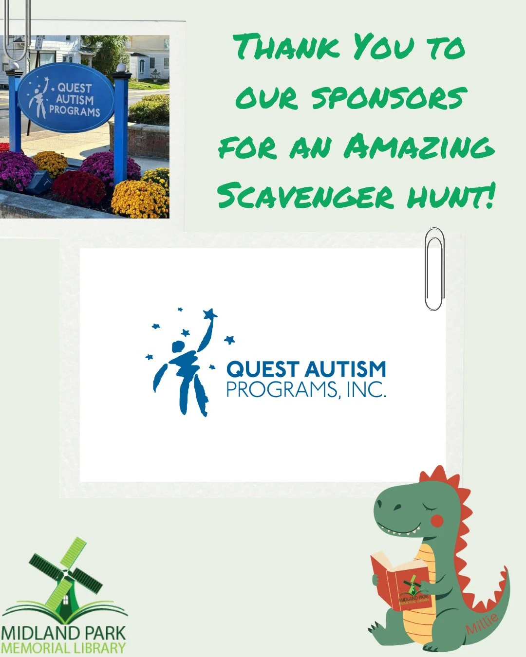 The Scavenger Hunt at Midland Park Memorial Library is wrapping up and we want to thank our sponsors!⁠
⁠
Thank you Quest Autism Programs for your generosity and support!