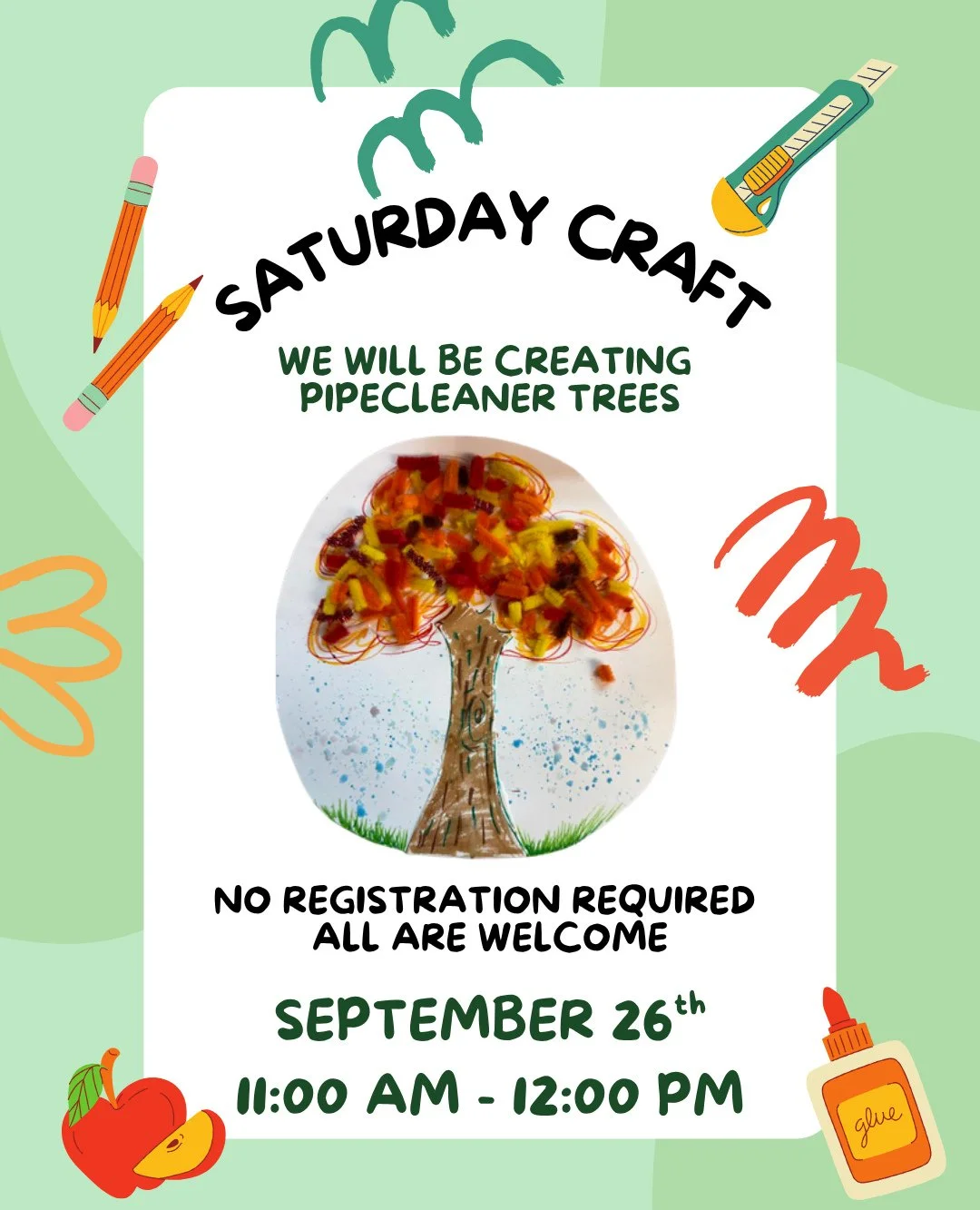 This Saturday we have our monthly kid's craft at Midland Park Memorial Library!⁠
⁠
Join us September 26th from 11 AM to 12 PM to make pipecleaner trees 🌳⁠
⁠
No registration required - all are welcome!