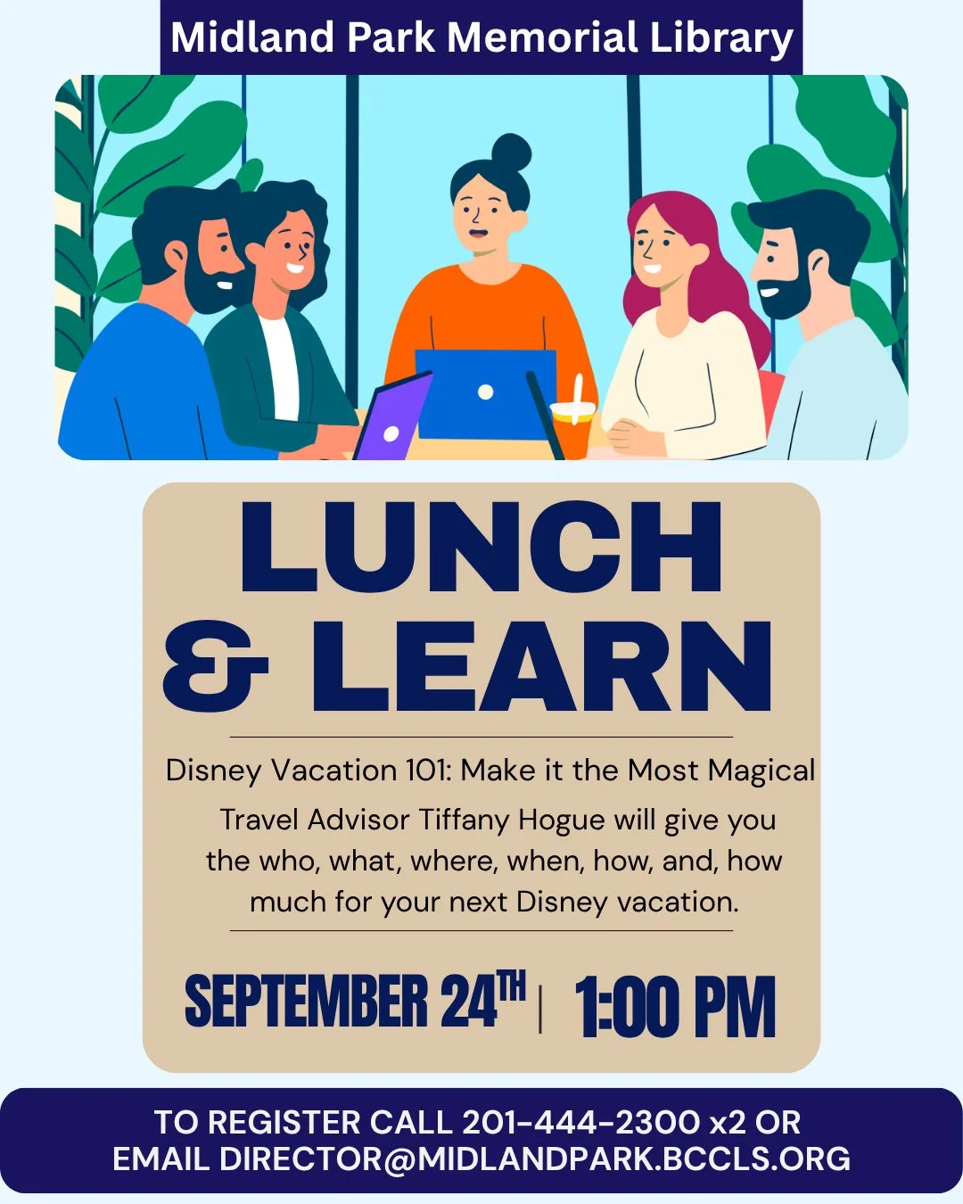 This Thursday (September 24) at Midland Park Memorial Library is our next Lunch &amp; Learn! Disney Vacation 101: Make it the Most Magical ✨️⁠
⁠
Join Travel Advisor Tiffany Hogue as she gives you everything you need to know to make your next Disney v