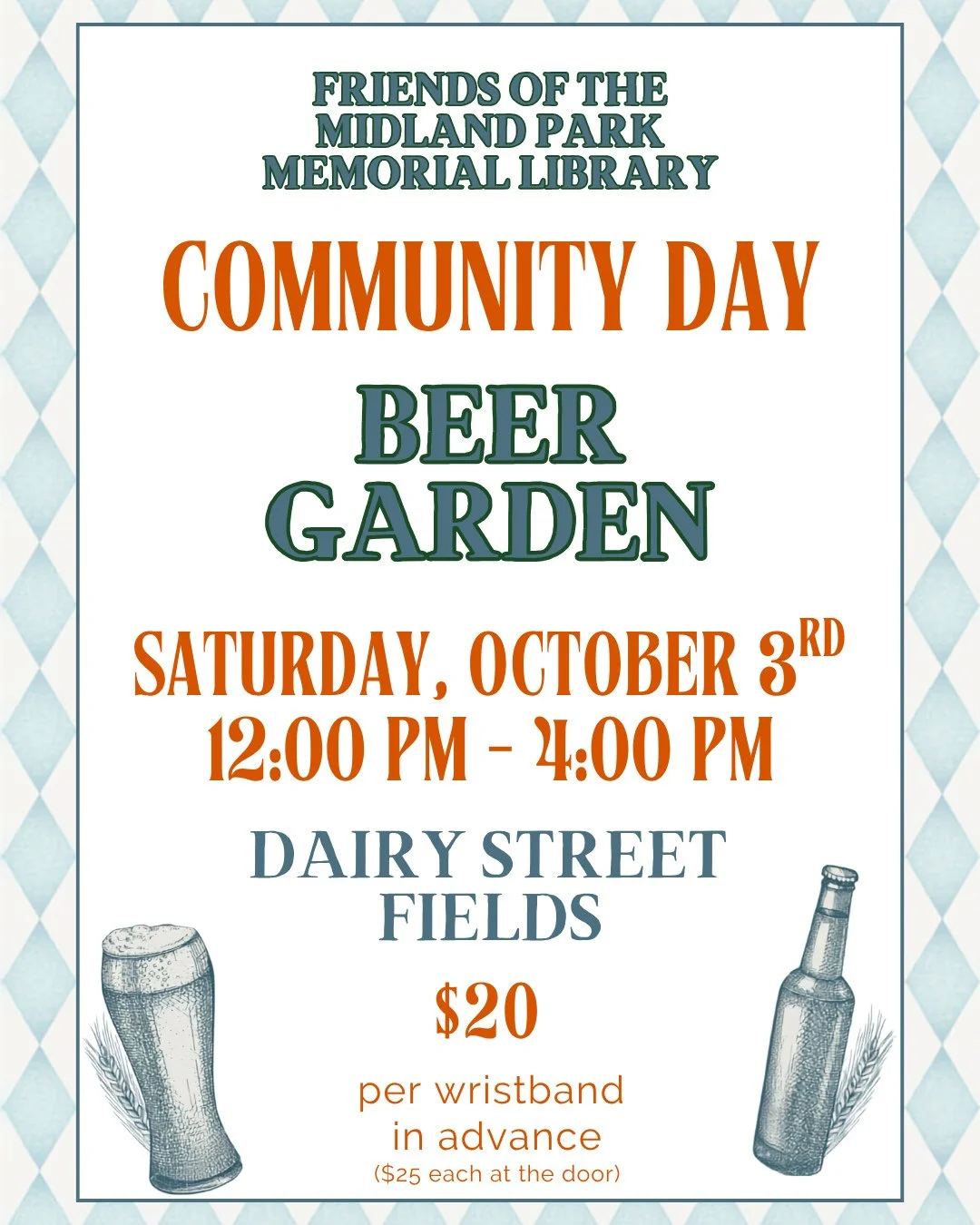 This weekend is Midland Park Community Day and the Friends of the Midland Park Memorial Library is hosting their annual Beer Garden!⁠
⁠
Saturday, October 3rd from 12 PM to 4 PM at the Dairy Street Fields⁠
⁠
Wristbands are $20 in advance - link to pur