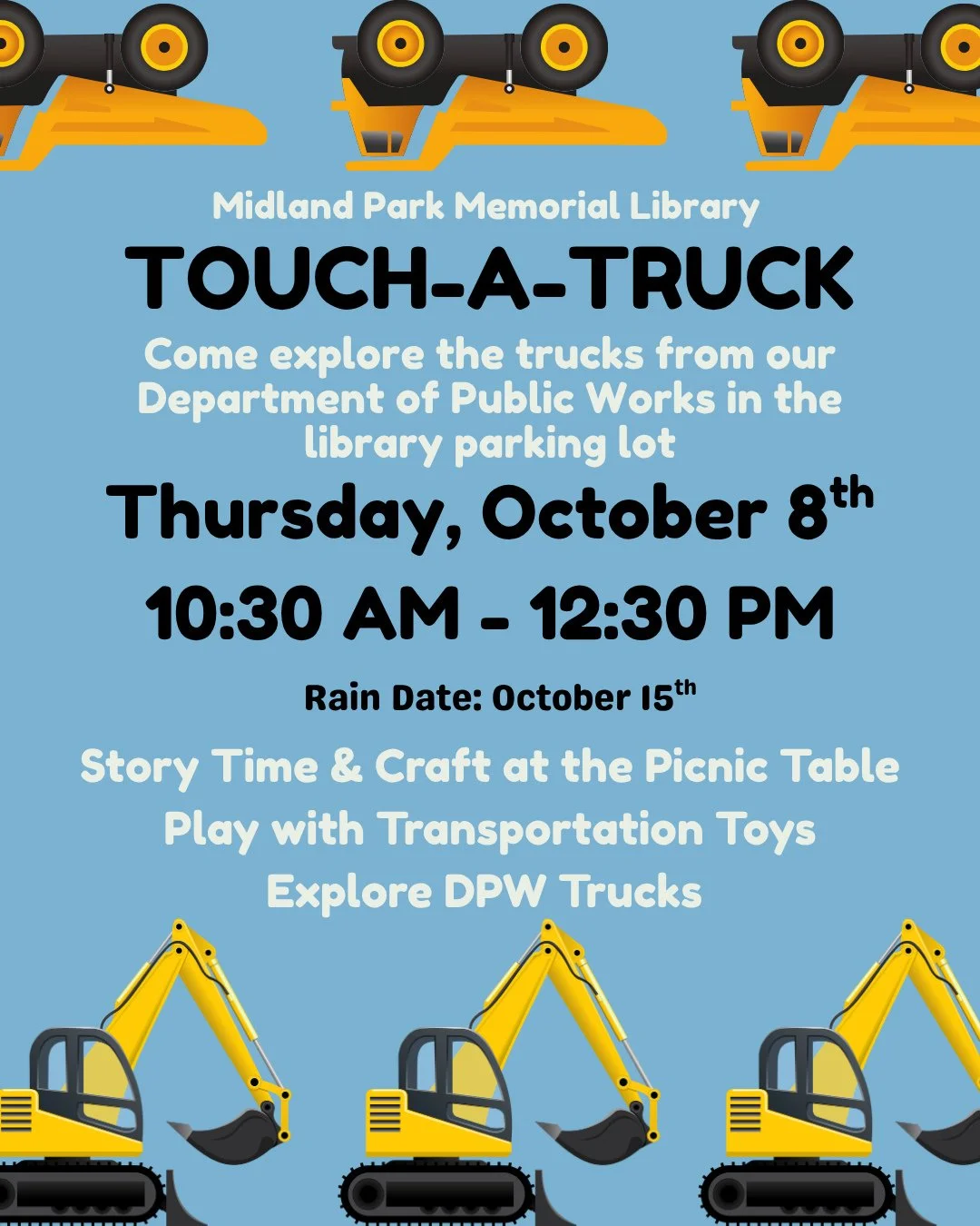 Join us at Midland Park Memorial Library this Thursday (October 8th) for our Touch-a-Truck Storytime with Midland Park DPW! ⁠
⁠
Storytime and a craft outside at the picnic tables and transportation toys to play with! DPW will be there with their truc