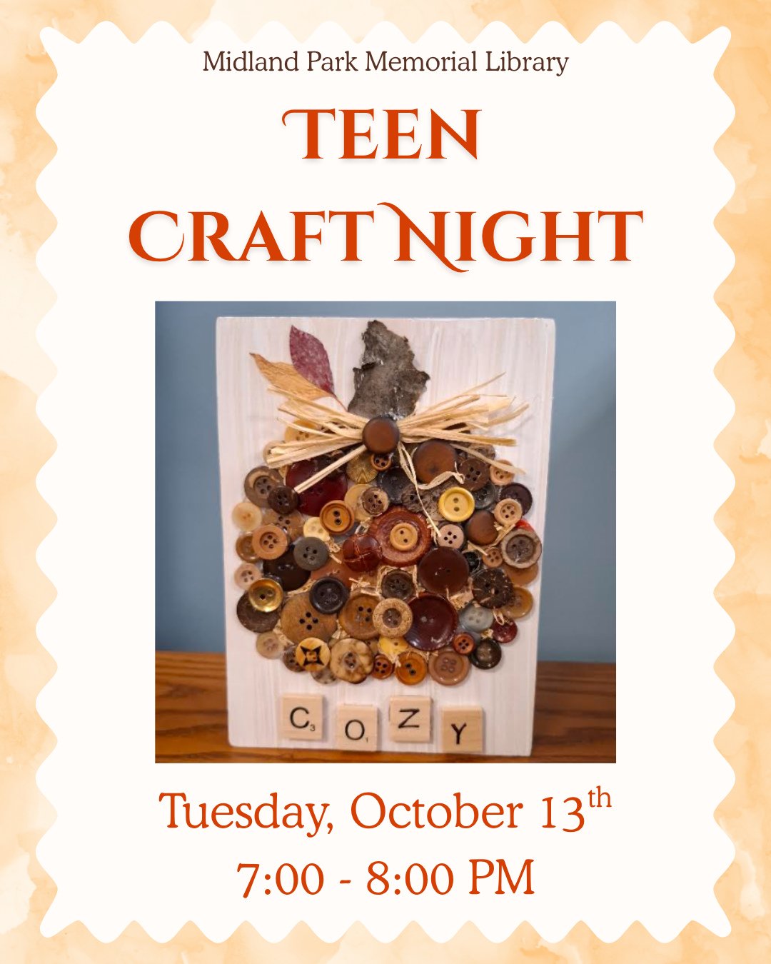 Teen Craft Night at Midland Park Memorial Library is next week on Tuesday, October 13th!⁠
⁠
Join us from 7 to 8 pm 🎃