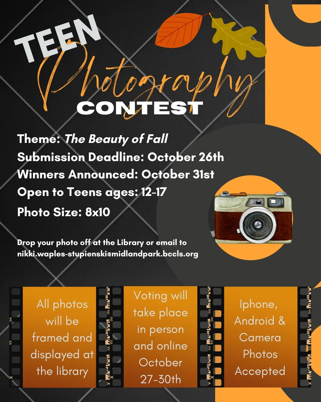 This month at Midland Park Memorial Library we are hosting a Teen Photography Contest!⁠
⁠
The submission deadline is October 26th, voting is October 27-30, and winner will be announced on October 31st!⁠
⁠
Camera, iphone, and Android photos are accept
