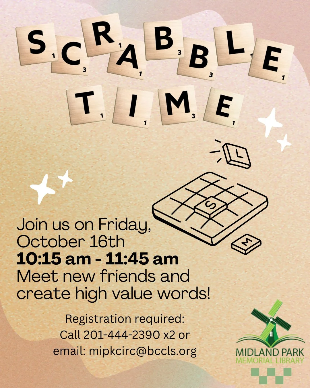 Scrabble Time at Midland Park Memorial Library this Friday!⁠
⁠
Friday, October 16th 10:15 - 11:45 am ⁠
⁠
Meet new friends and create high value words!