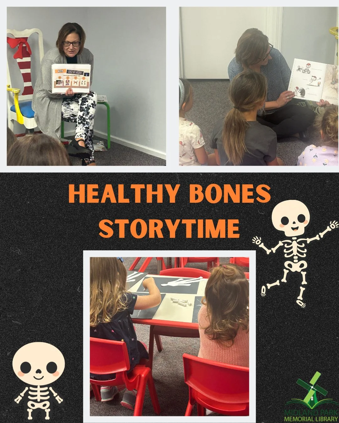 Last week we had Erica from Northwest Bergen Regional Health Commission come and teach us at storytime all about healthy bones!⁠
⁠
We read some stories, learned about bones, and made a fun skeleton craft!