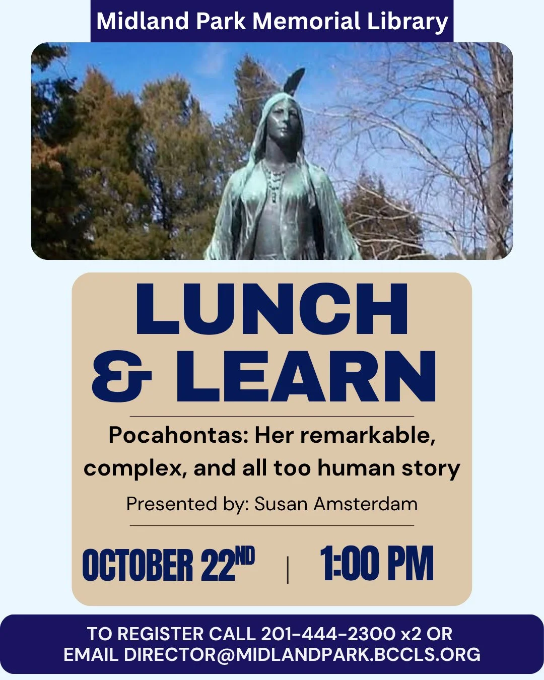 Lunch &amp; Learn this Thursday at Midland Park Memorial Library!⁠
⁠
Join us and Susan Amsterdam for a presentation on Pocahontas: Her remarkable, complex, and all too human story⁠
⁠
October 22nd at 1:00 PM - you bring your lunch and we bring the lea