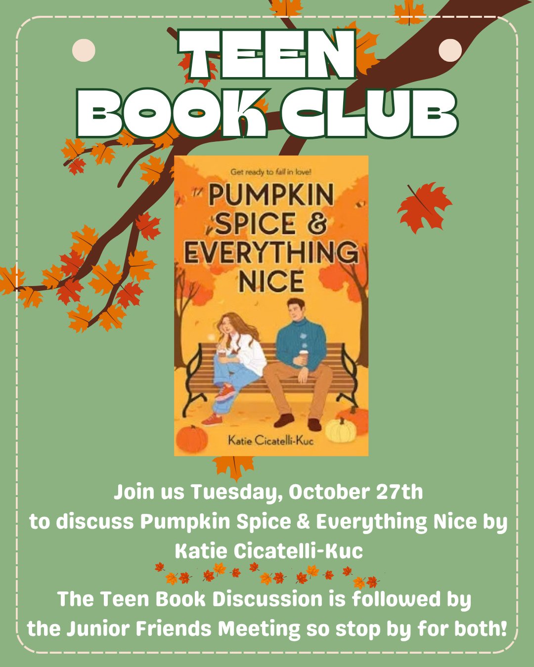 The next Teen Book Discussion at Midland Park Memorial Library is Tuesday, October 27th!⁠
⁠
Join us at 6:00 PM to discuss Pumpkin Spice &amp; Everything Nice by Katie Cicatelli-Kuc - there is still time to read before the meeting! ⁠
⁠
Teen Book Club 