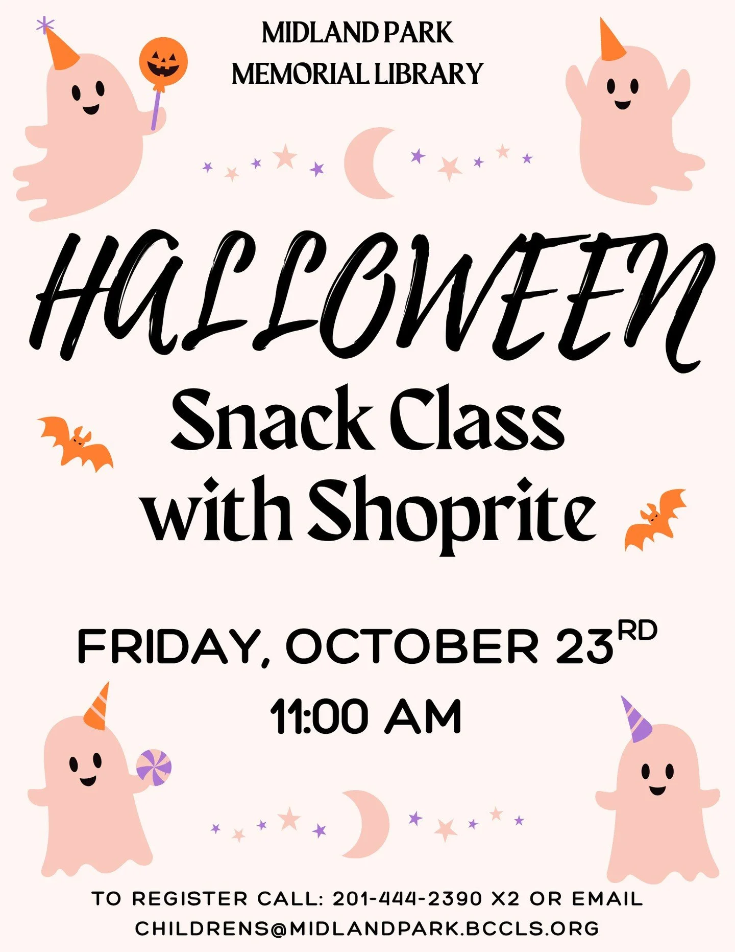 There are still a few spots left in our Halloween Snack Class tomorrow morning with Shoprite at Midland Park Memorial Library!⁠
⁠
Call us at 201-444-2390 x2 or email us at childrens@midlandpark.bccls.org to register⁠