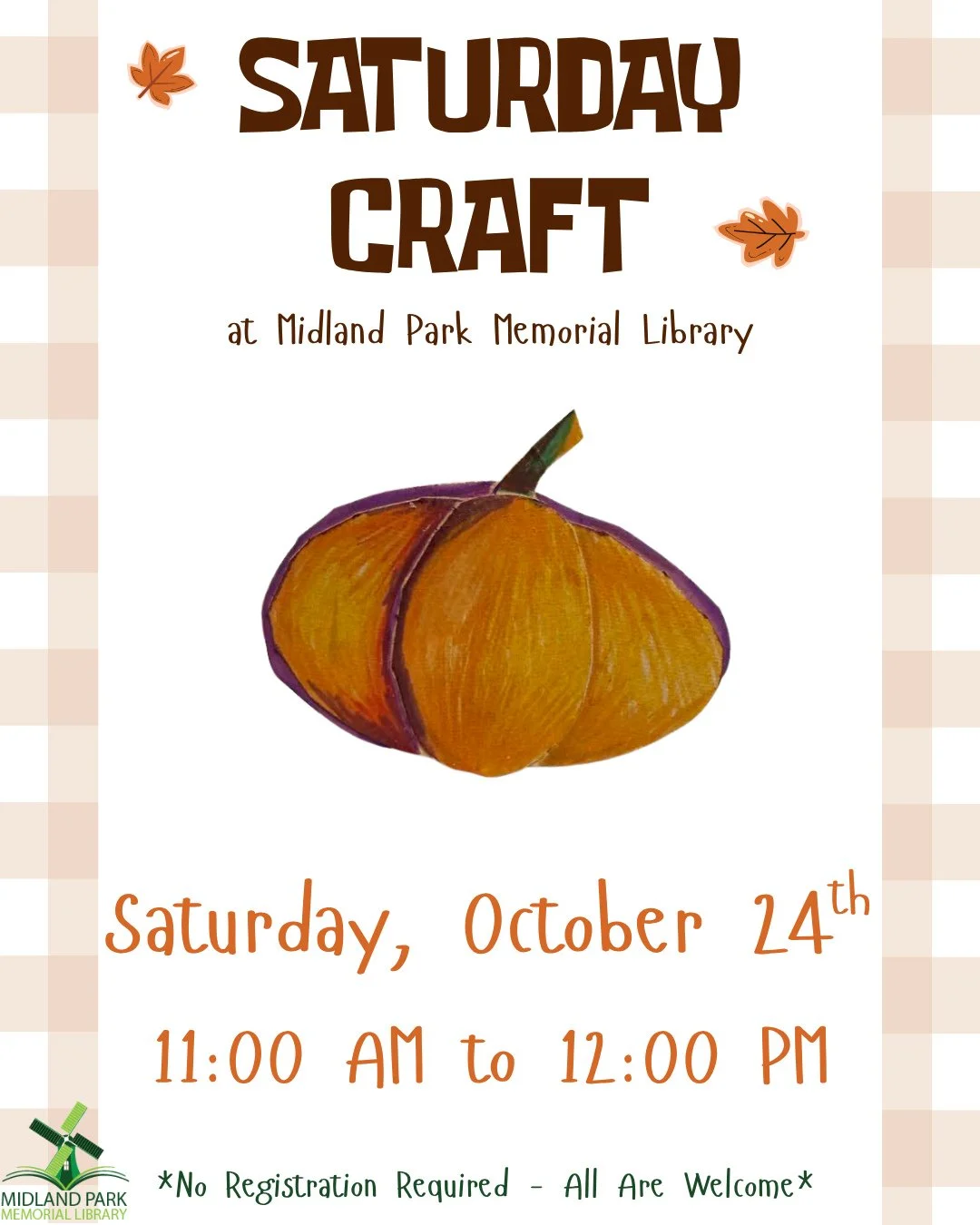 Join us this Saturday (10/24) at Midland Park Memorial Library for our monthly Saturday Craft!⁠
⁠
We'll be making cardboard pumpkins with the Junior Friends 🎃