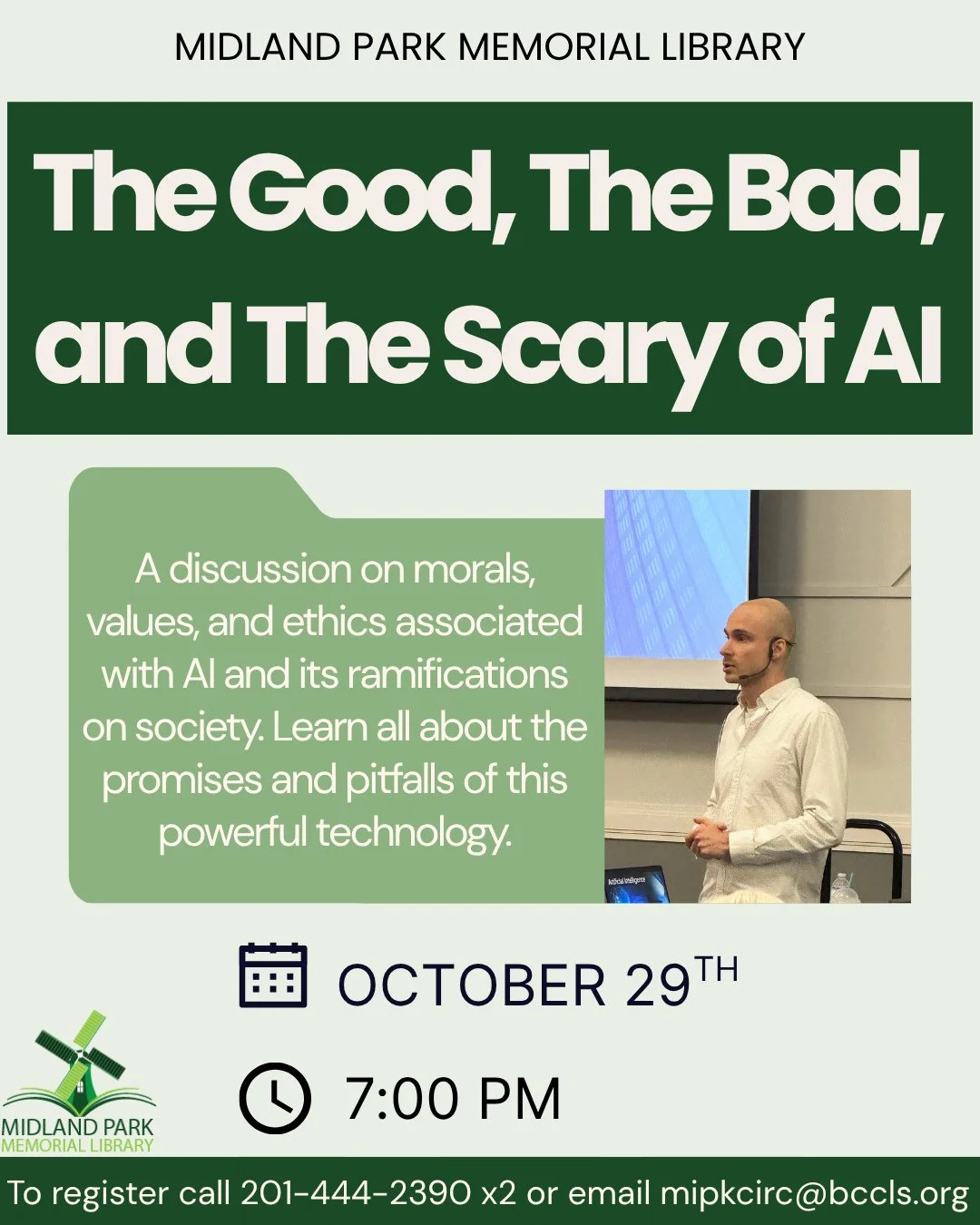 Next week at Midland Park Memorial Library we have Eddi Khaytman back to present The Good, The Bad, and The Scary of AI ⁠
⁠
Thursday, October 29th at 7:00 PM - a discussion on the morals, values, and ethics associated with AI