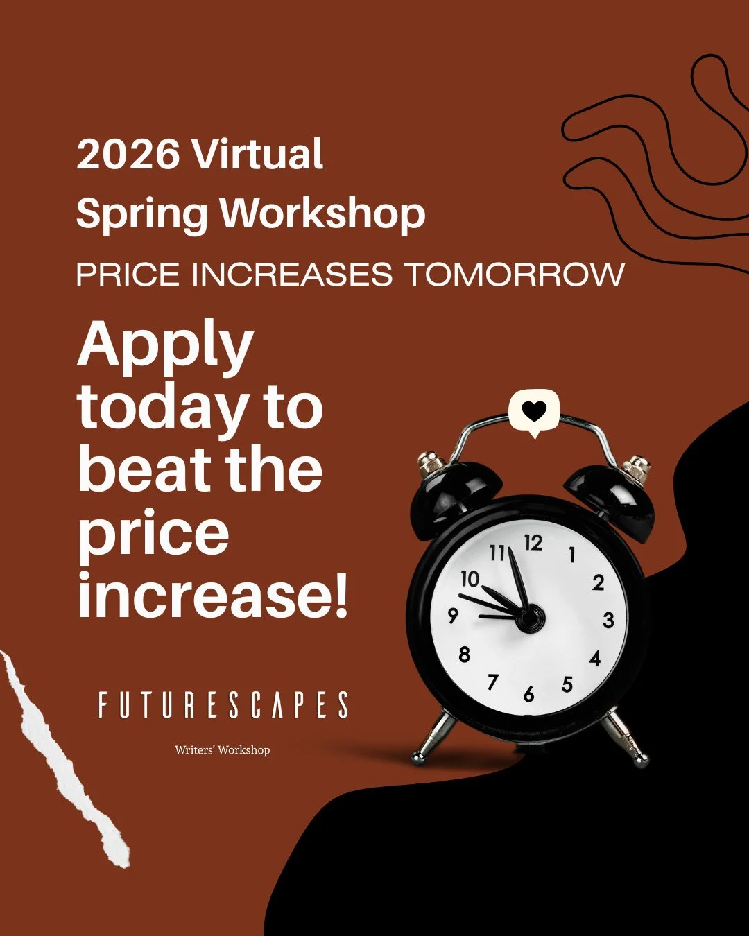 This is it.⁠
⁠
Last day to apply for Futurescapes at current pricing.⁠
Last day to qualify for the FREE bonus class (if accepted).⁠
⁠
After today:⁠
&ndash; prices go up⁠
&ndash; this cohort closes⁠
⁠
If you&rsquo;re serious about your book, don&rsquo