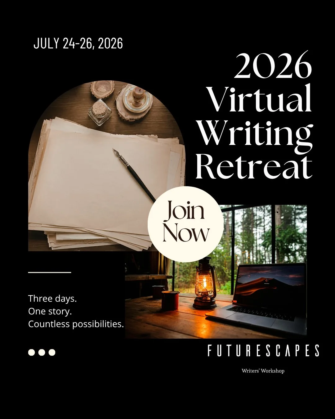 What could happen if you spent three days focused on your writing?⁠
⁠
Not answering emails.⁠
⁠
Not catching up on chores.⁠
⁠
Not squeezing writing into whatever time is left.⁠
⁠
Just writing.⁠
⁠
Join us July 24&ndash;26 for the Futurescapes Virtual W