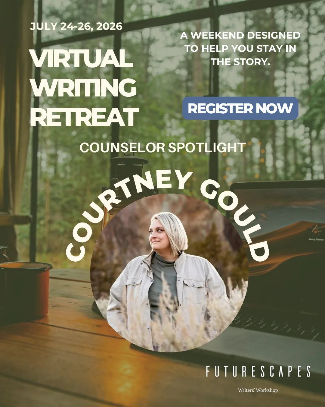 We're excited to welcome Courtney Gould to the Futurescapes Virtual Writing Retreat!⁠
⁠
Courtney will be leading sessions, answering questions, and helping writers spend three focused days immersed in their stories.⁠
⁠
The retreat is designed to bala