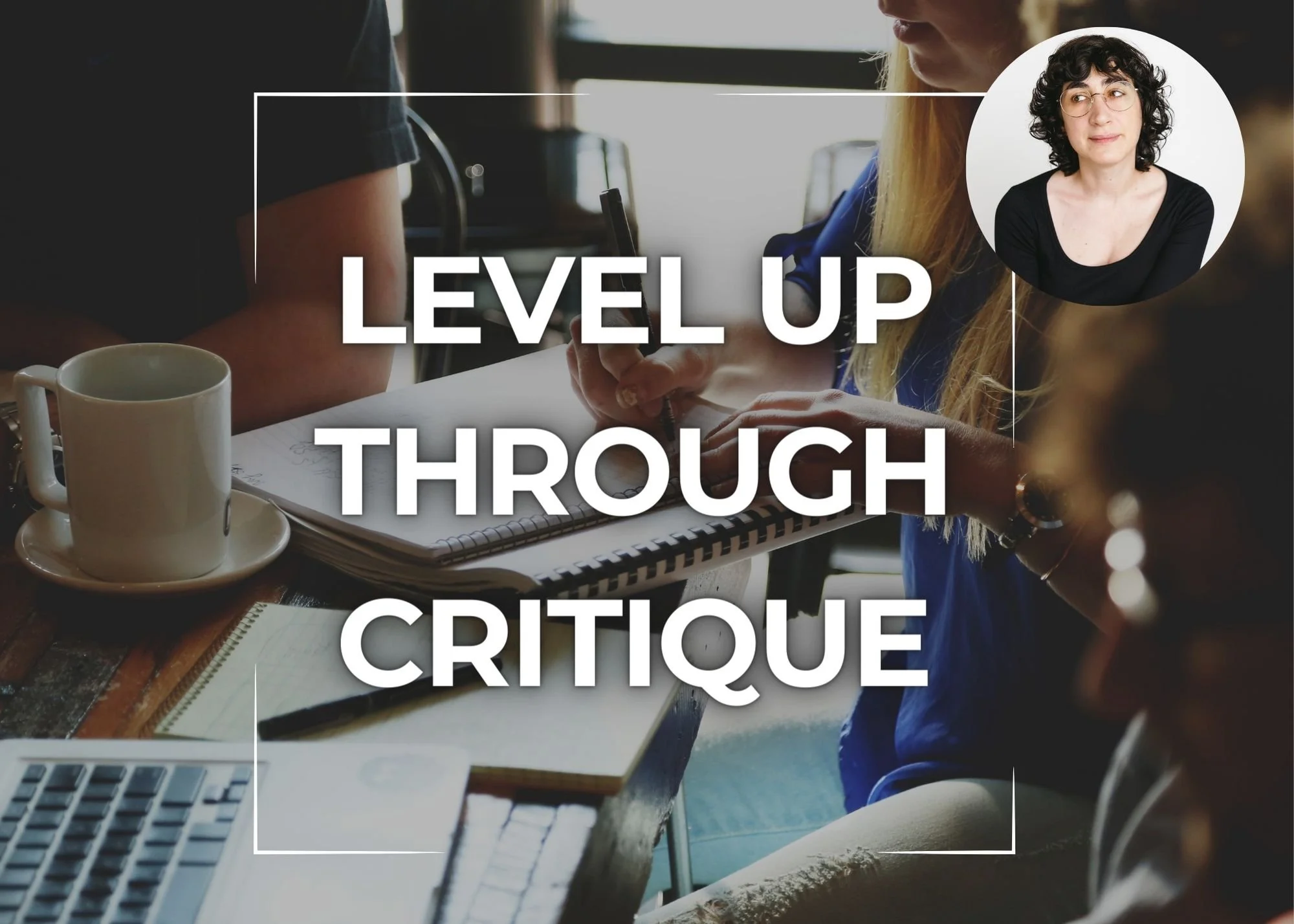 People in a meeting discussing, with a focus on a woman taking notes, a mug and a laptop on the table, and a superimposed circle image of a woman with curly hair and glasses.