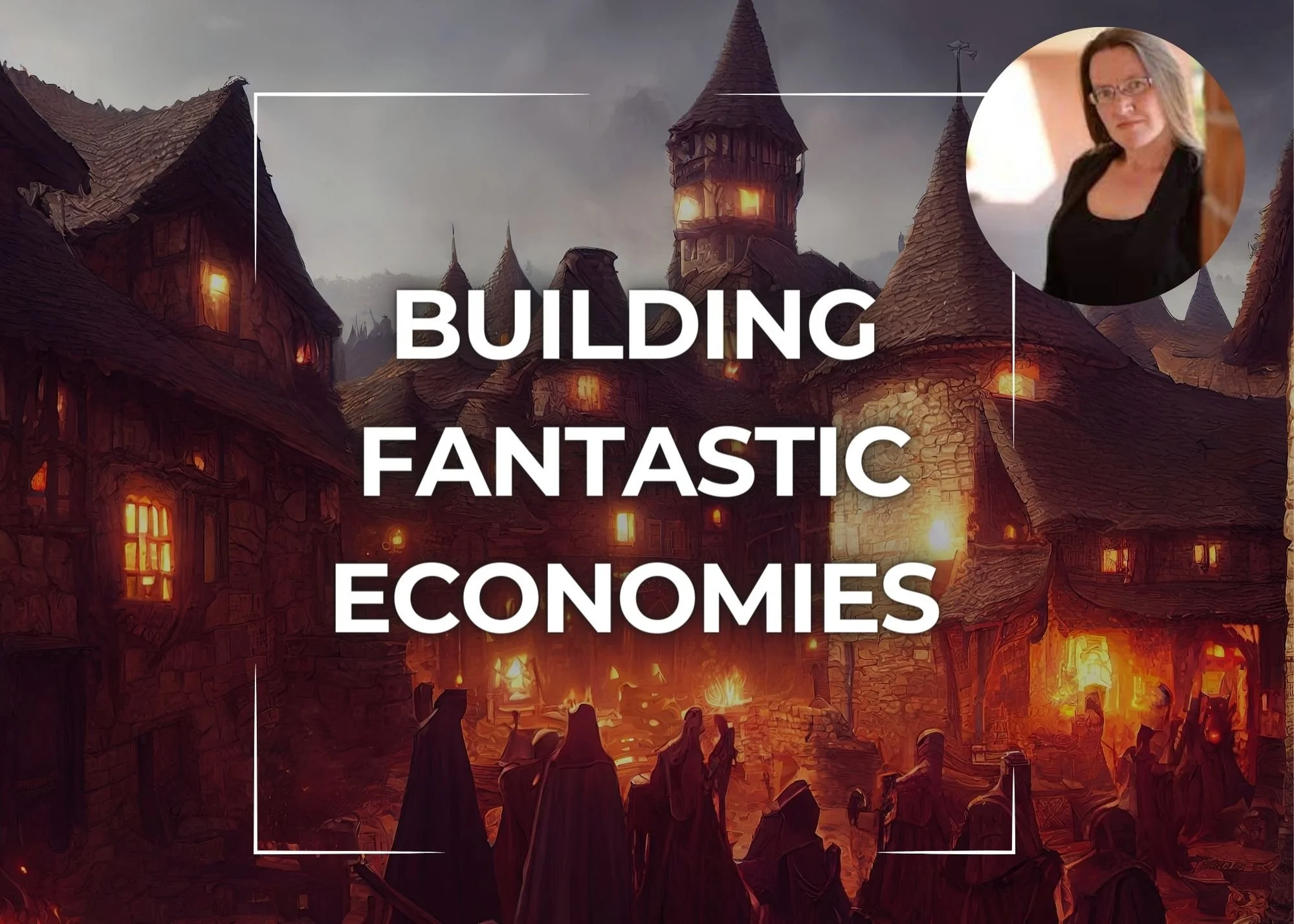 Artwork depicting a fantasy medieval village with burning buildings, surrounded by dark mountains, with a group of robed figures in the foreground.