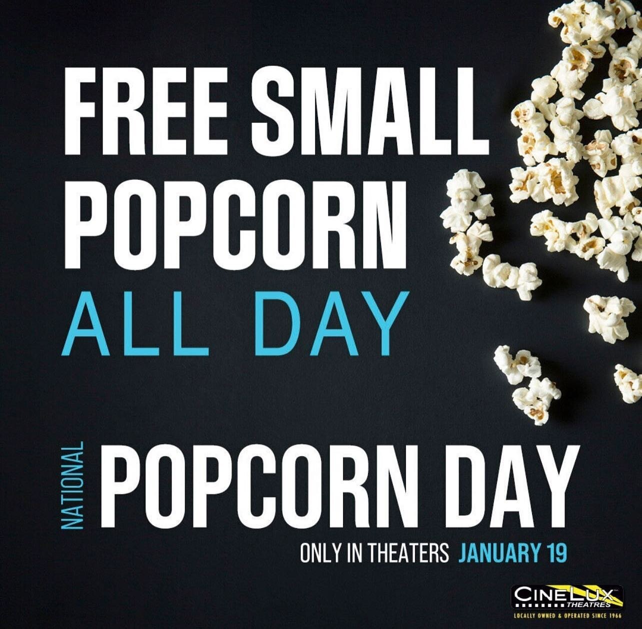 Today is National Popcorn Day 🍿 &ldquo;Pop-over&rdquo; to Cinelux Theatres to purchase movie tickets and earn a free small popcorn! #cineluxtheatres #buylocalmorganhill #choosemorganhill #95037 #morganhillliving #morganhilllife #morganhillca #morgan