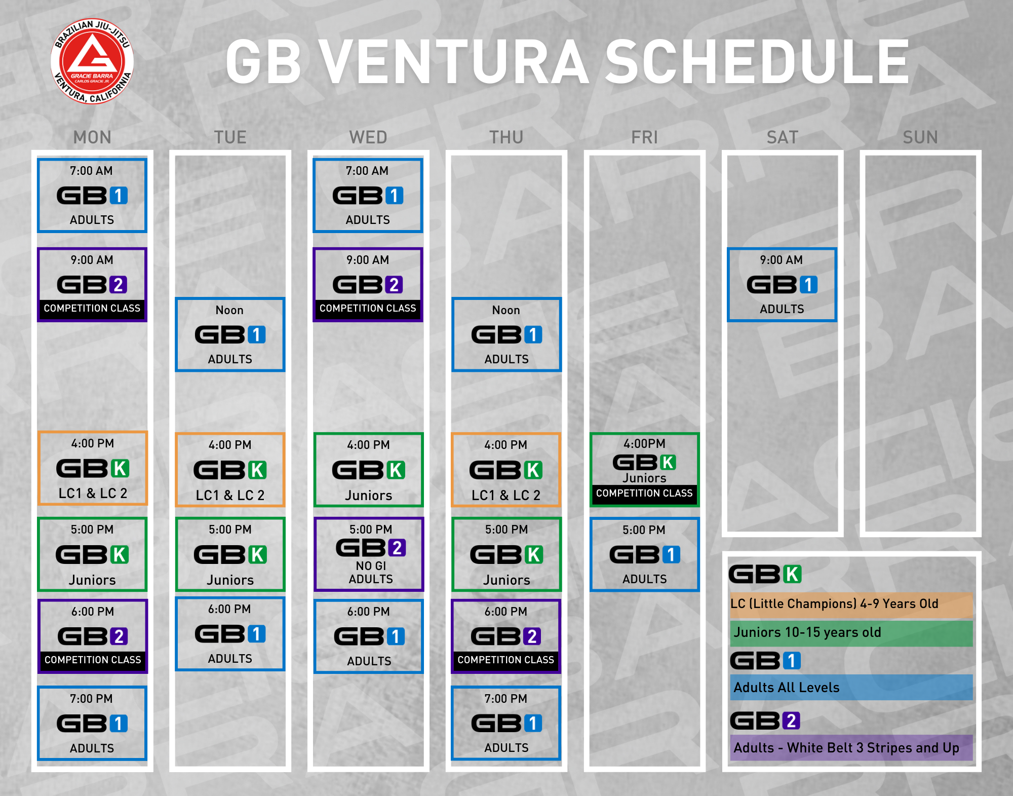 Schedule — GRACIE BARRA Brazilian JiuJitsu Academy Ventura, CA