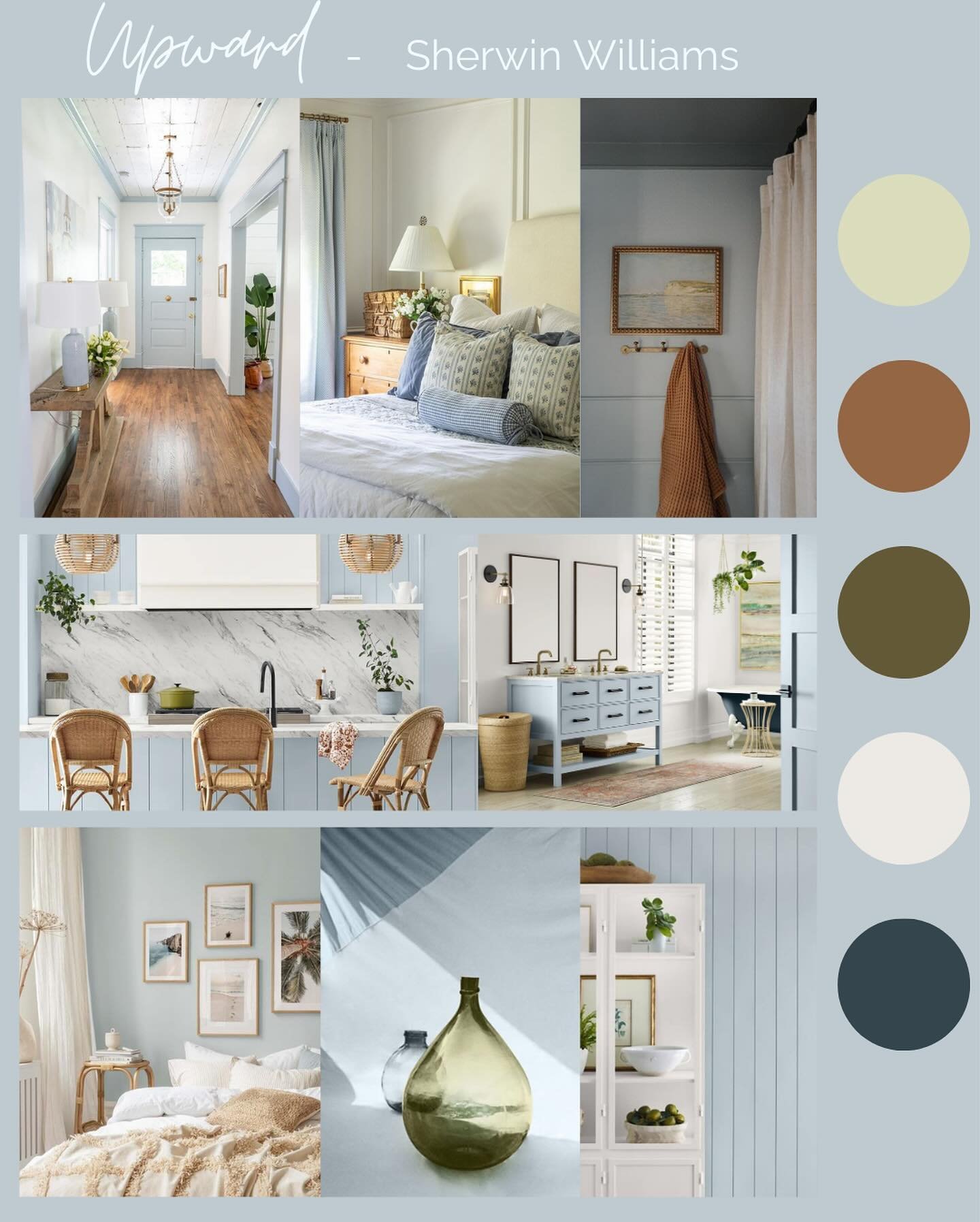 Upward✨
Color of the year by Sherwin Williams! So many fun ways to use this color as show in the pictures. 
For our moodboard we decided to use upward for the walls and paired with browns, greens, blues, and creams!