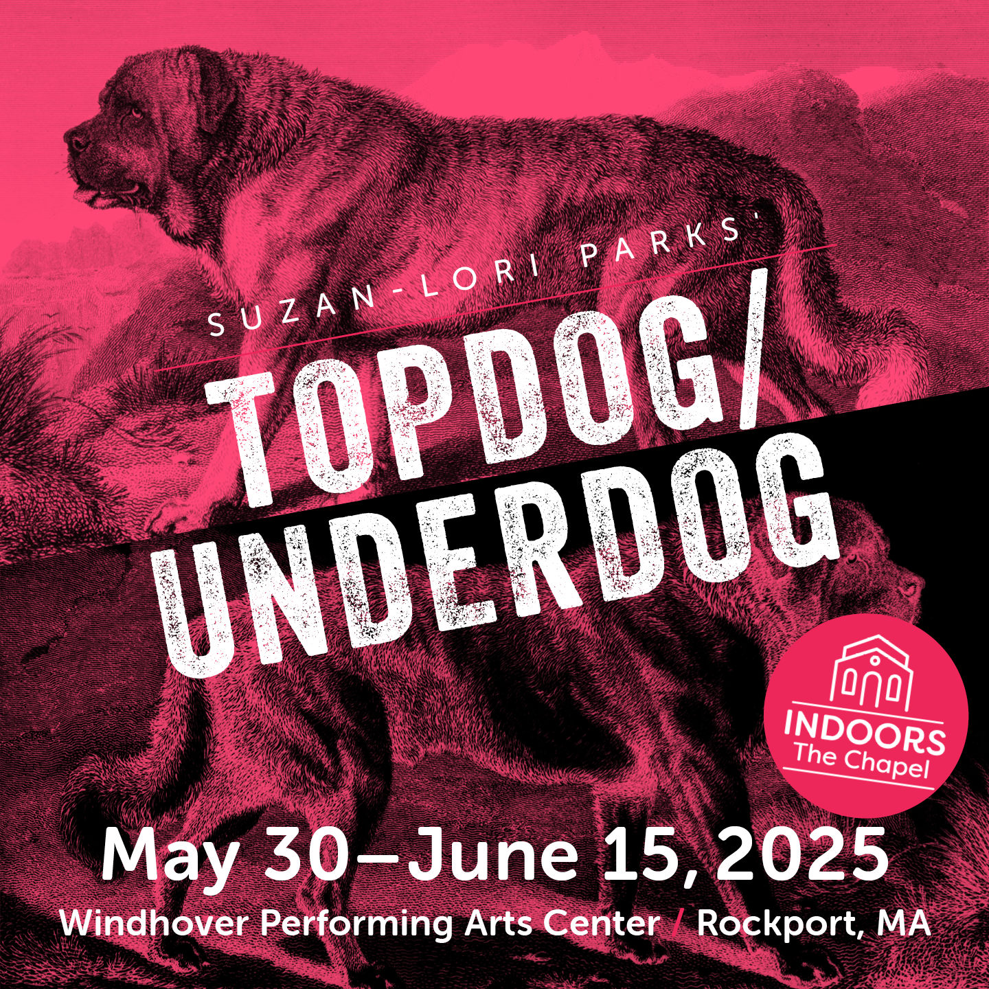 Two pink dogs with the text "Suzan-Lori Parks' Topdog/Underdog"