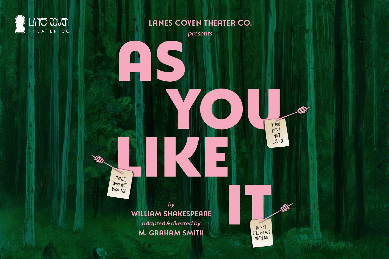 "As You Like It by William Shakespeare" in pink text over a green forest
