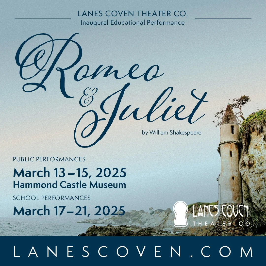 Image of a castle on the shoreline with the text "Romeo & Juliet"